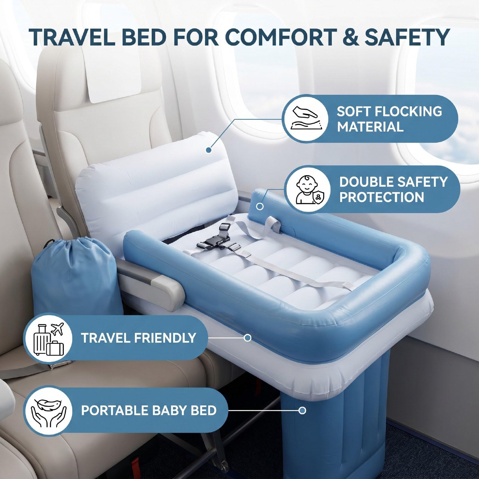 Lit Gonflable de Voyage avec Coussin épais, Bleu | Extension de siège arrière de voiture d'avion, matelas de couchage de voyage pour enfants en bas âge, sac de transport