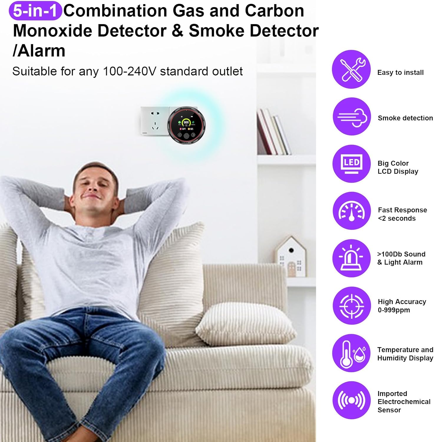 3 Pack Smoke Carbon Monoxide Detector Alarm, Plug in Smoke co Detectors, Home Natural Gas Leak Detector, Portable 5in1 Real-Time Smoke,CO,Gas Monitor Alarms with Temp/RH, for RV Hotel,Travel (Black)