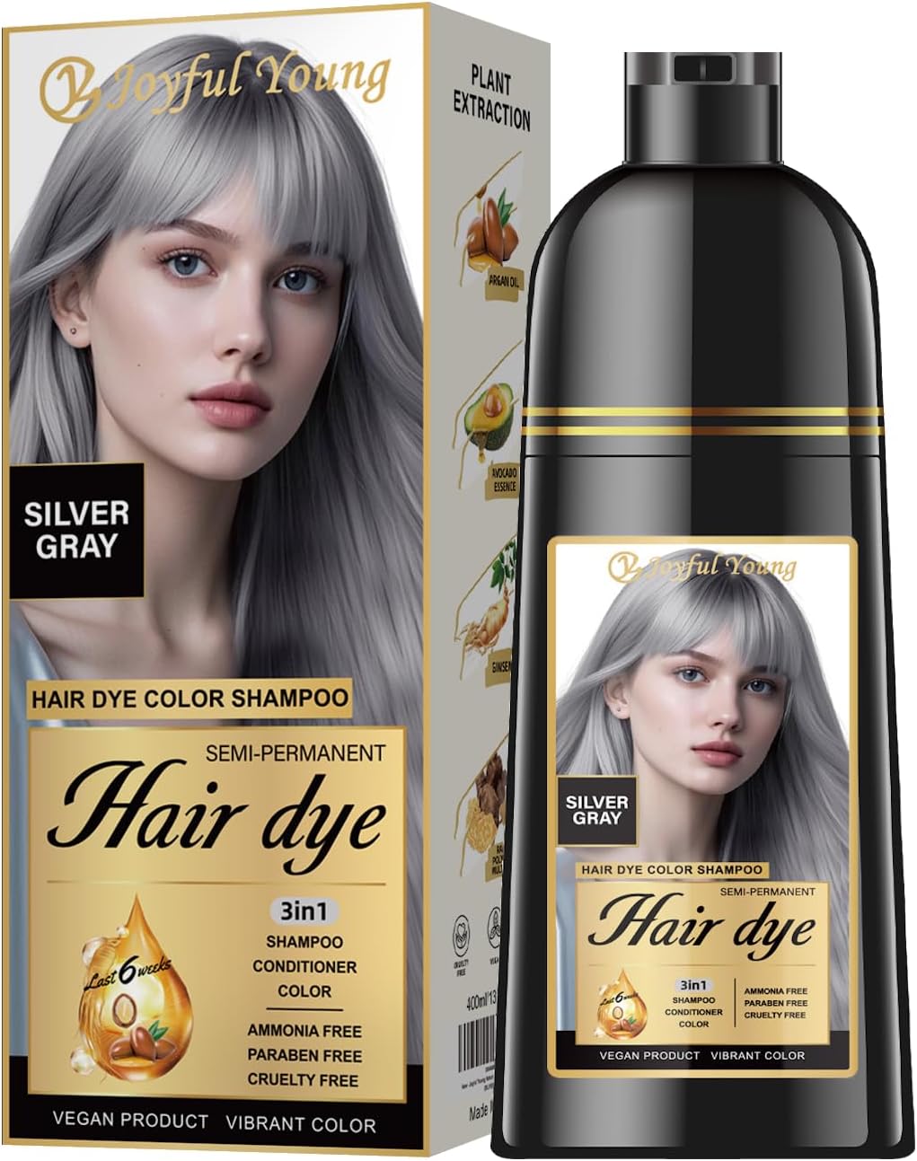 Joyful Young Hair Dye Shampoo 3-in-1, Silver Gray Semi-Permanent Color Enhancing Shampoo, Color Depositing Shampoo for Women & Men, Vegan, Ammonia-Free