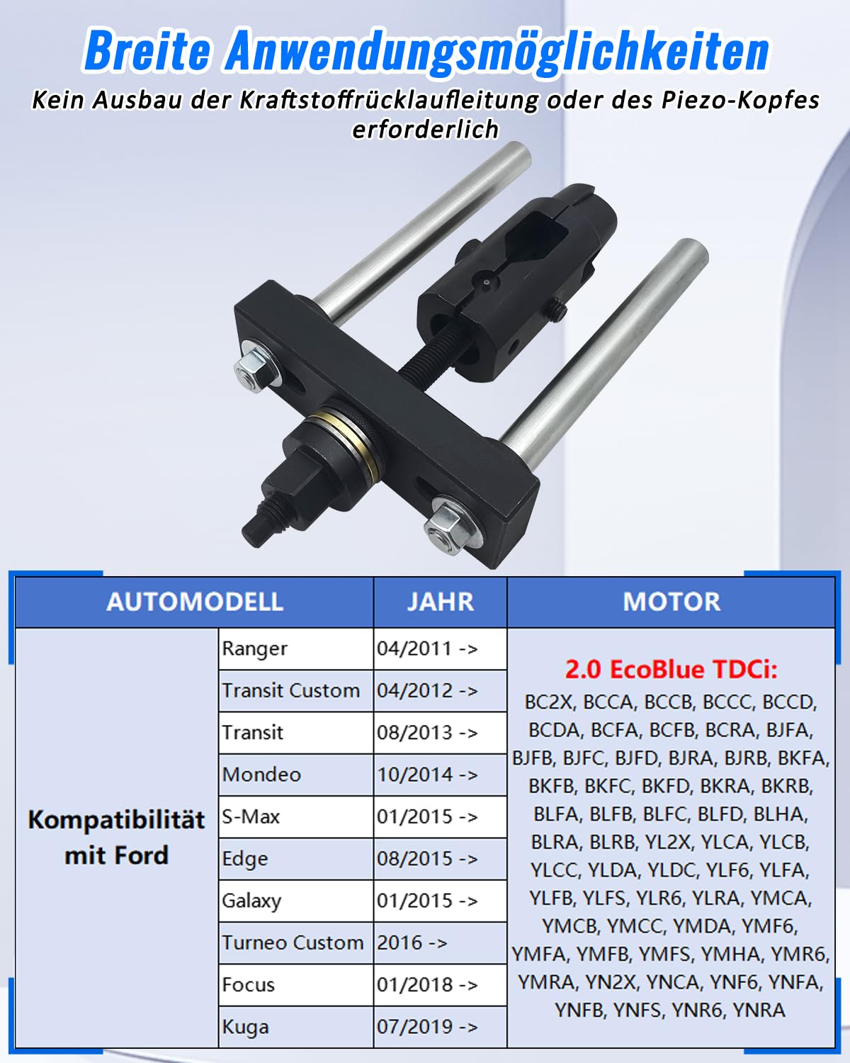 303-1706 Injektor Abzieher Einspritzdüsen Set Kompatibel mit Ford EcoBlue 2.0 TDCI & für Tourneo, Transit, Focus, Edge, Galaxy, S-Max, Mondeo, Ranger, Kuga, Einspritzdüsen Auszieher Werkzeug