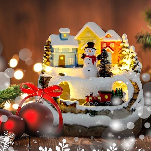 Miniatura 7 de Figuras musicales de resina con 8 muñecos de nieve musicales con muñeco de nieve de Navidad, tren de Navidad, incluye regalo de Navidad