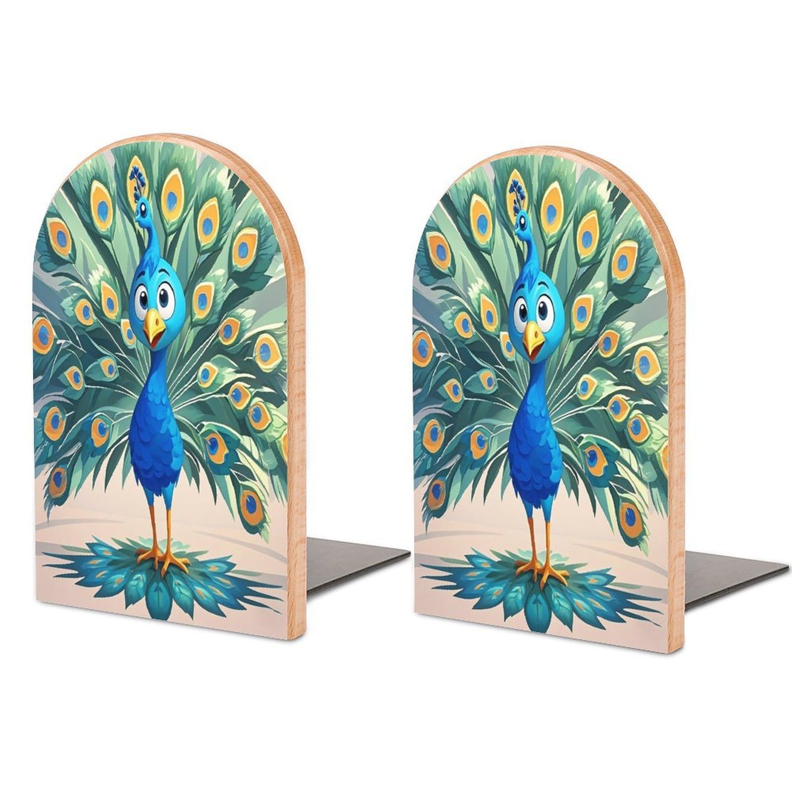 Cartoon Blue Peacock Bookends 1 Pair Heavy Duty Book Ends for Shelves Non-Skid Bookend Supports Wooden Book Holders with Metal Base Desk Organizers Books Storage to Hold Books