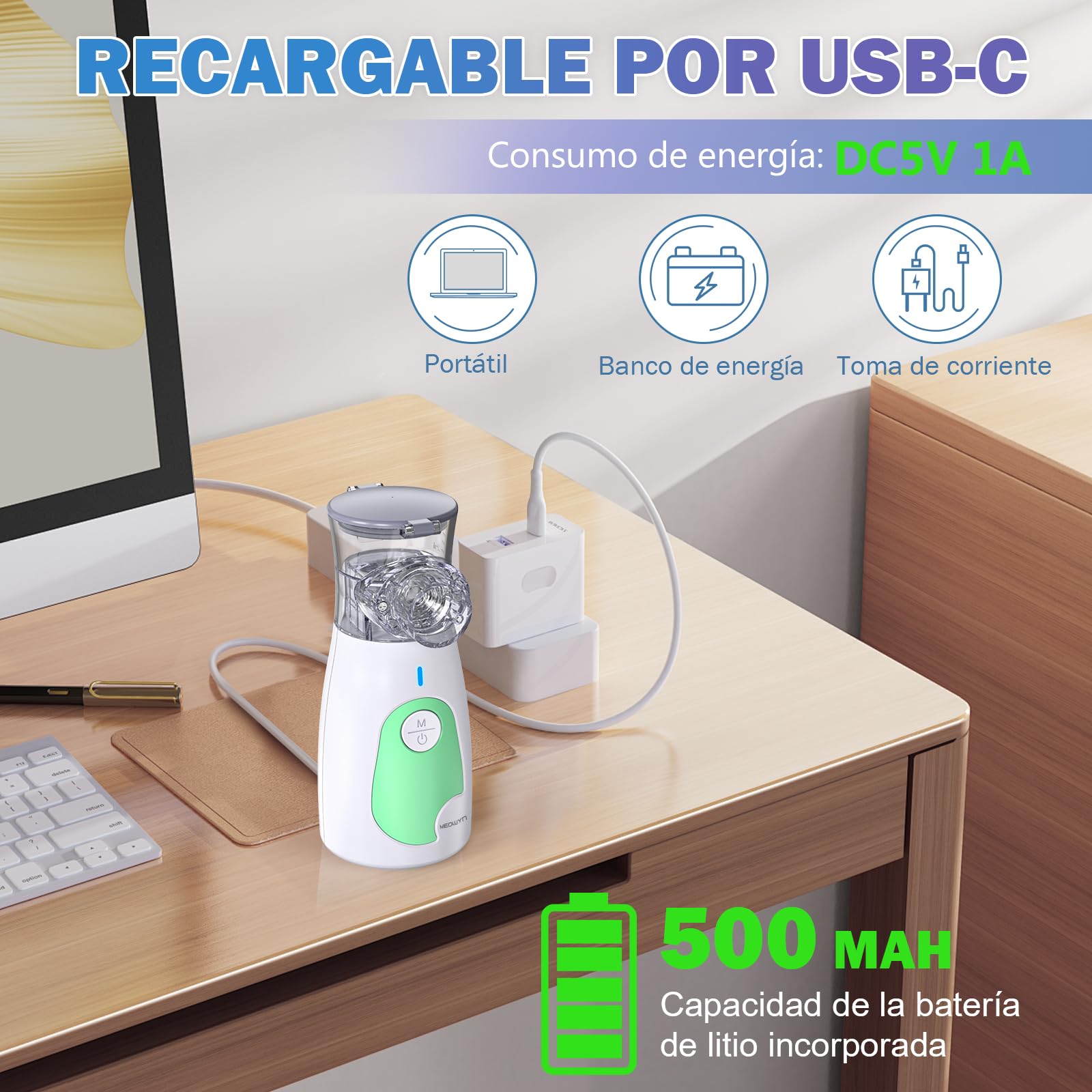 Meowyn Nebulizador, Nebulizador portátil para adultos niños y bebe, nebulizable recargable con 2 tasa de atomiajust, silencioso, 2 máscaras y 1 boquilla incluyen para el hogar y el uso de viaje