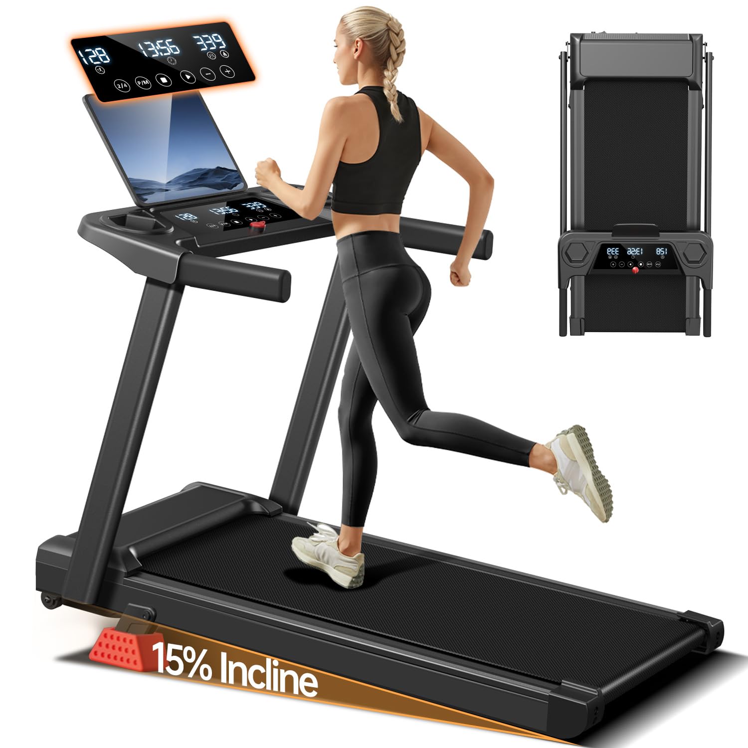 Tapis De Marche CURSOR Inclinable 16%, Pliable, Moteur 3.0 HP, 10 Km/h, LED, Charge 159 Kg
