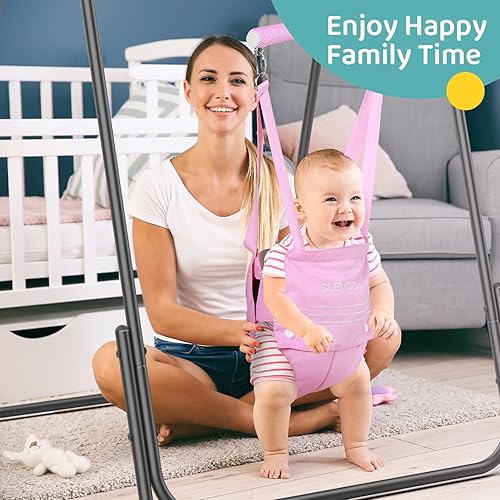 Miniatura 5 de Slevoo 2 in 1 Baby Jumper and Swing, Toddler Swing Set with Foldable Stand, Ages 6 Months to 6 Years, for Indoor and Outdoor Fun, Pink