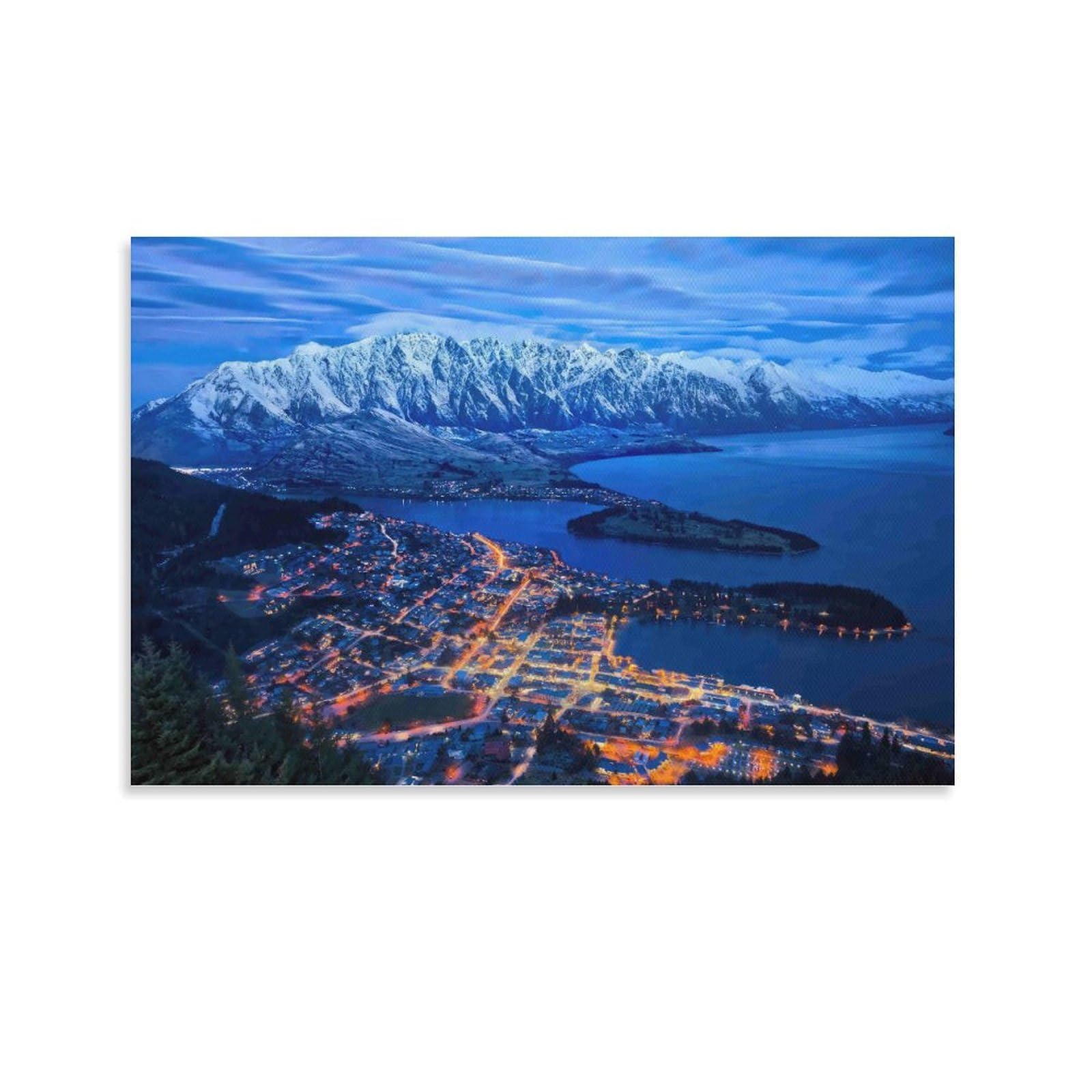 CPLVKWRQJ SnowyMountainsNight Single Piece Lakeside Town Snow Capped Mountain Dusk Canvas Art - Bedroom Birthday Gift Easy to Clean Canvas Painting Wall Decor 24x36inch(60x90cm)