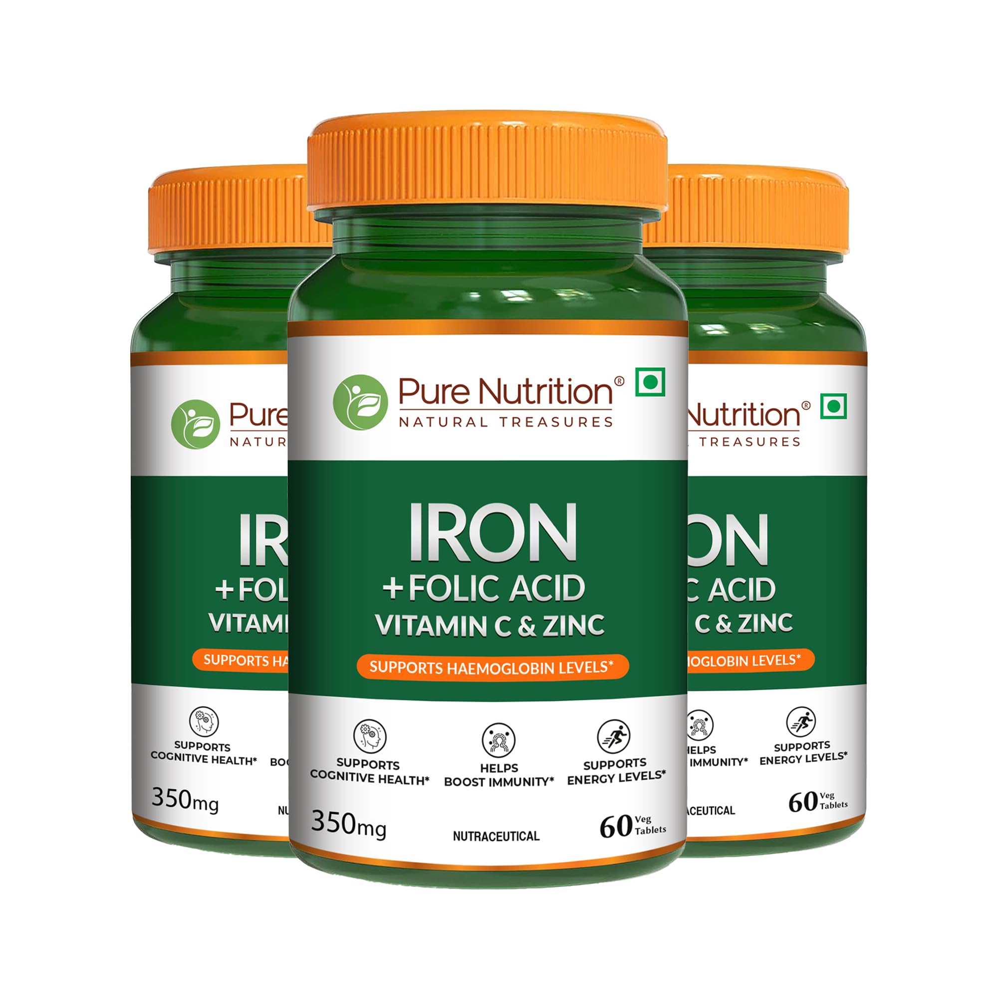 Pure Nutrition Iron Folic Acid Supplement with Zinc, Vitamin C & Vitamin B12 for Men & Women | Supports Haemoglobin Production, Boosts Immunity & Maintains Iron Level - 60 Veg Tablets (Pack 3)