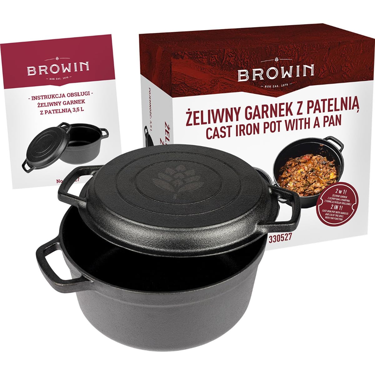BROWIN Żeliwny garnek z patelnią 3,5 litra 2 w 1 forma do pieczenia chleba z pokrywką