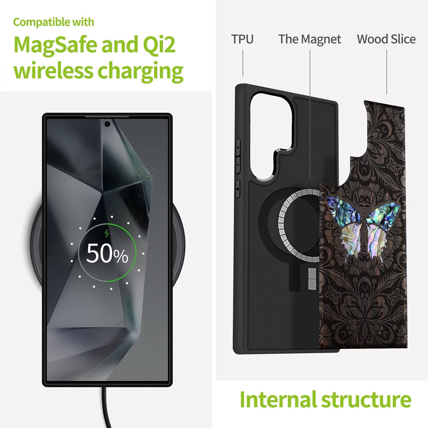 Carveit Magnetic Wooden Case for Samsung Galaxy S25 Ultra Case, Wood Artisan Engraved & Handmade Shell Inlaid, Compatible with MagSafe Wireless Chargers (Baroque Butterfly) Blackwood
