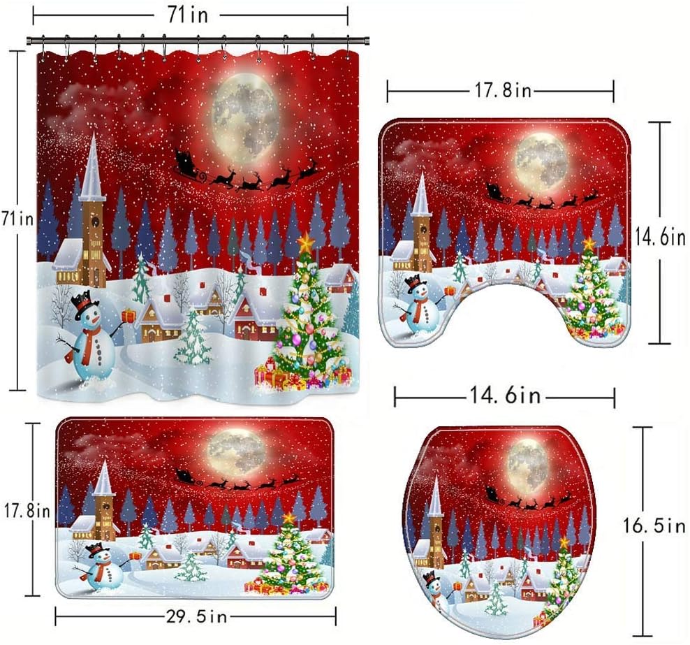 4 Pcs Merry Christmas Shower Curtain Sets with Non-Slip Rug, Toilet Lid Cover and Bath Mat, Santa Claus Shower Curtain with 12 Hooks Christmas Bathroom Decor