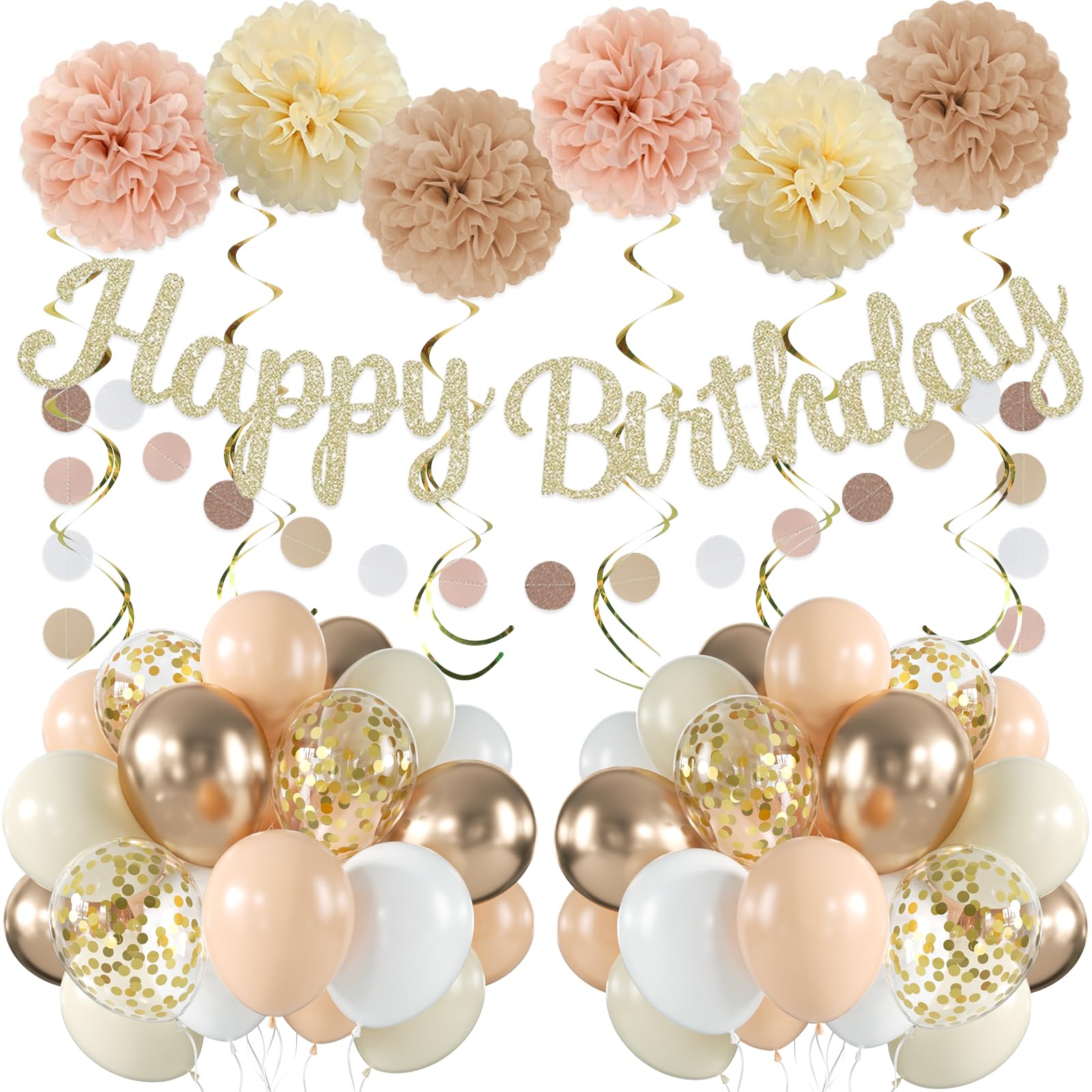 Photo 1 of Champagne Gold Birthday Party Decorations for Women Girls, Neutral Beige Office & Home Party Set with Happy Banner Balloons Hanging Swirls Tissue Pom Poms