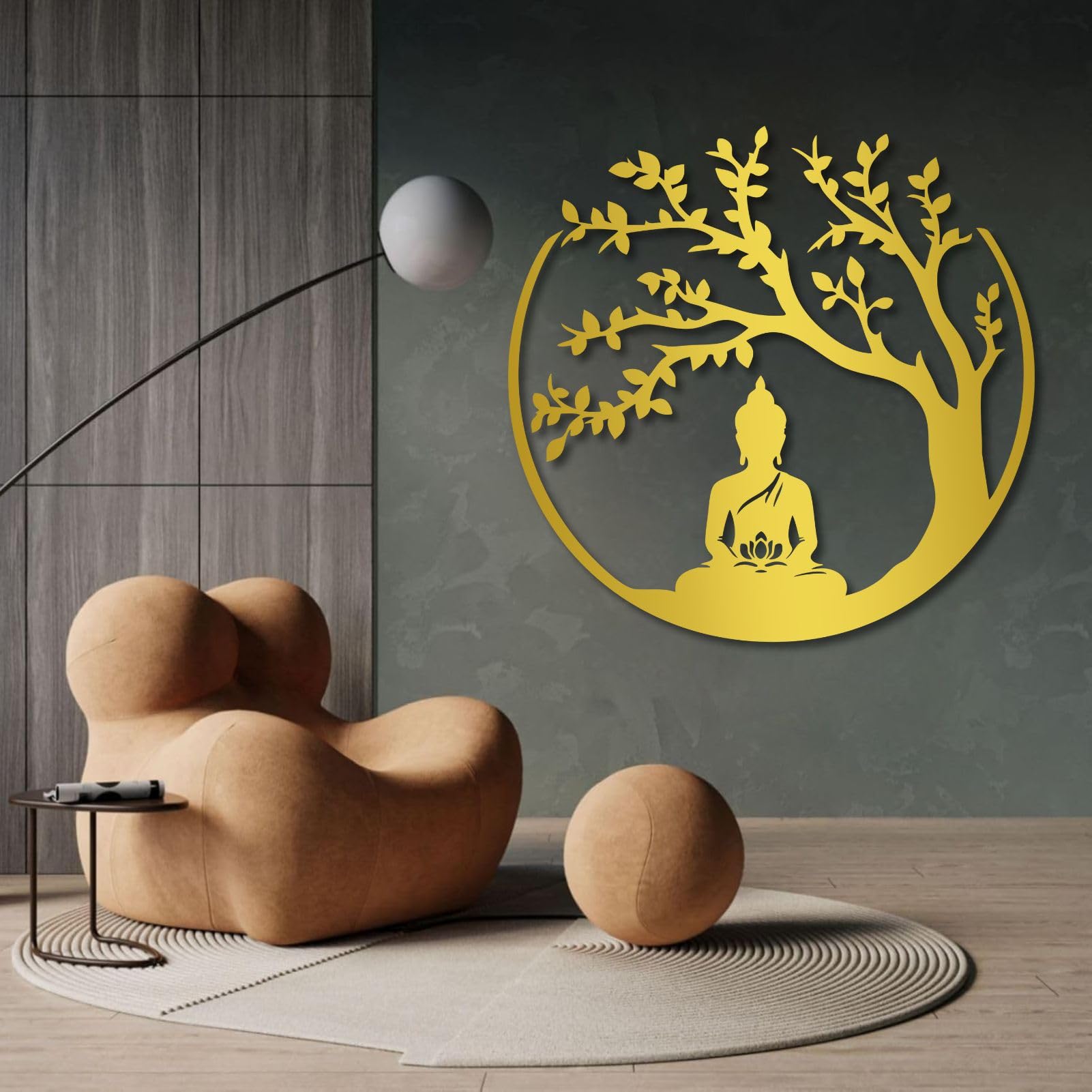 Décoration Murale 3D en métal représentant l'arbre de Vie et Bouddha, Art et méditation Zen pour Salon, Chambre ou Salle de Yoga (Noir, 70 x 69 cm)