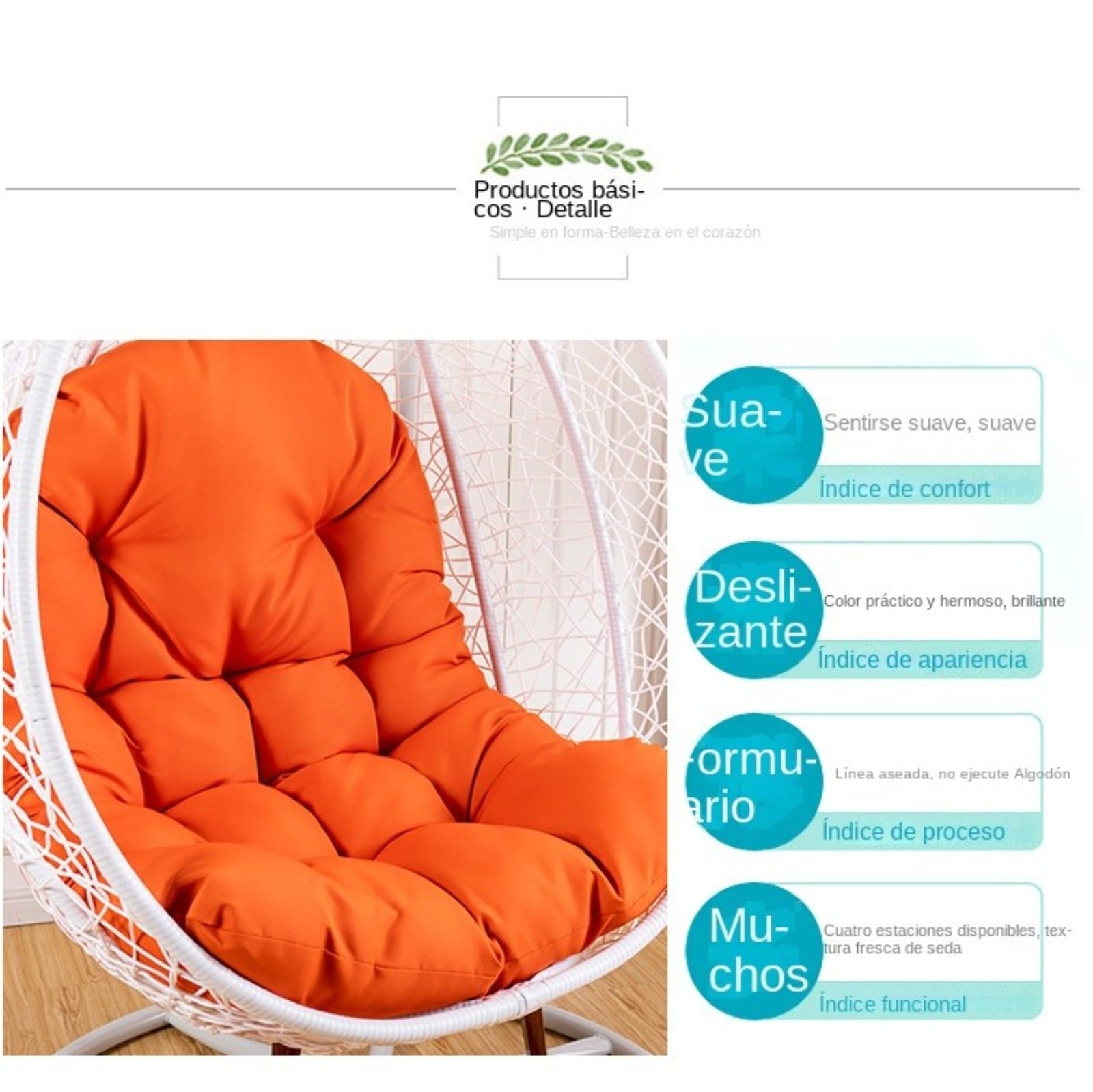 (120 x 80 cm)Cojín para silla con forma de huevo, cojín para sillón colgante, cojín para silla de ratán, cojín integrado,apto para jardines exteriores, columpios interiores, sofás，Uso doméstico
