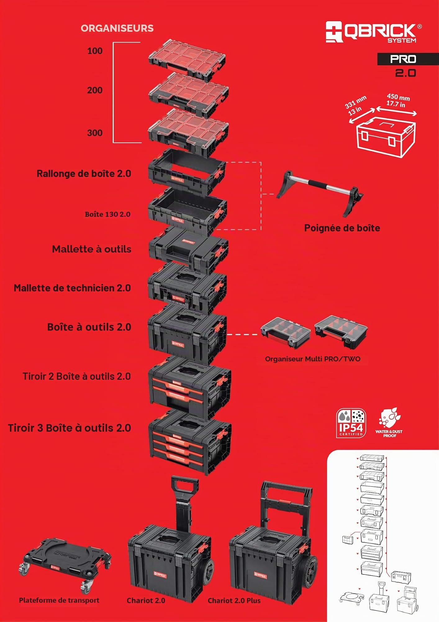 Qbrick System Chariot À roulettes Plateforme De Transport Capacité 100 kg Déménageur Roulant 506 x 325 x 140 mm Noir Rouge Pro