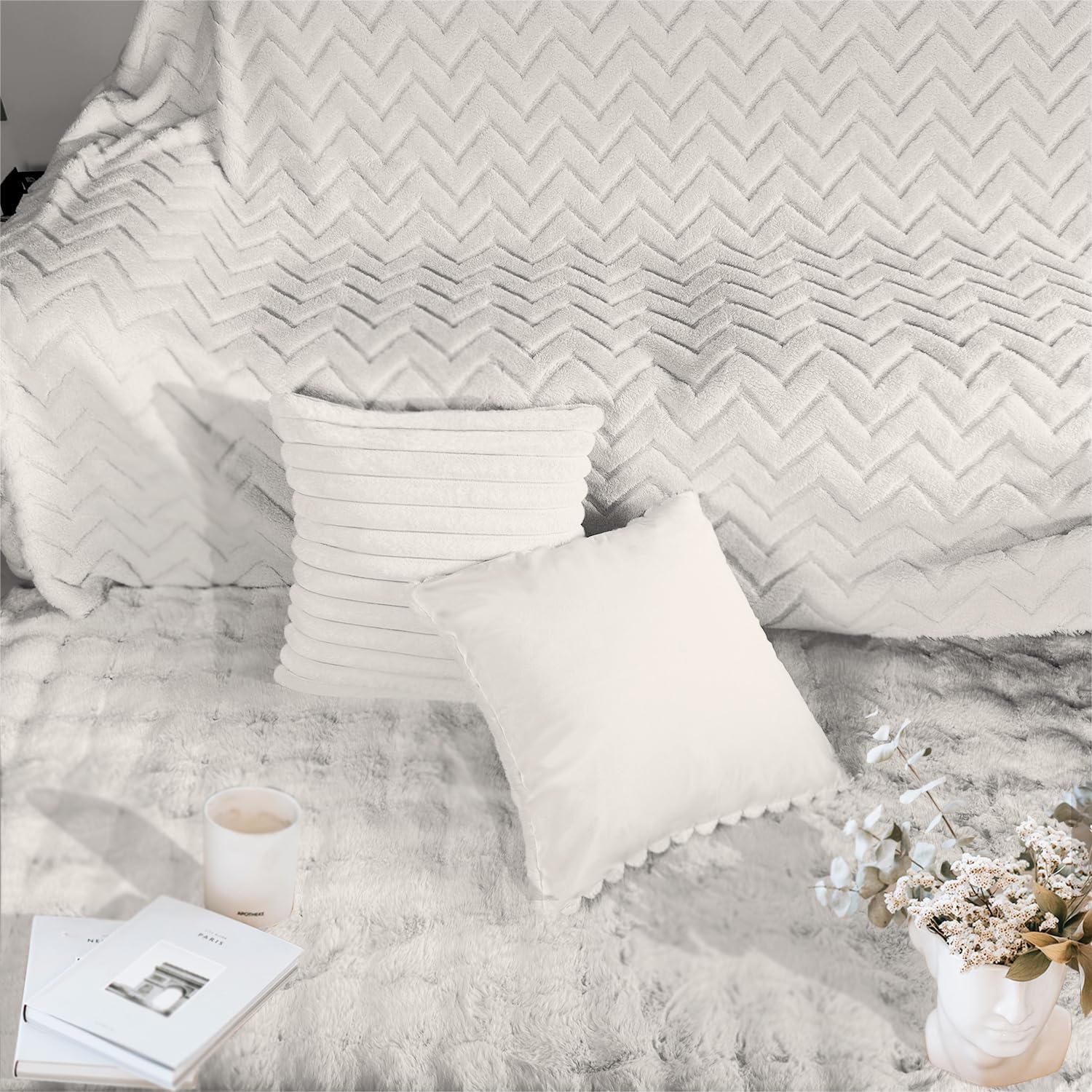 2 Pack 16x16 Pillow Cover Velvet Pillow Covers, Faux Fur Square Throw Pillow Covers for Living Room Decorations Throw Pillow Case, Throw Pillow Cover Cushion Cover for Sofa Bedroom Car, White - Image 5