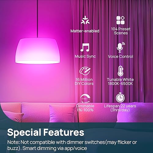 Miniatura 4 de Linkind Matter - Bombilla inteligente de 1600 lúmenes, 100 W, funciona con AlexaApple HomeGoogle HomeSmartThings, RGBTW LED que cambian de color,