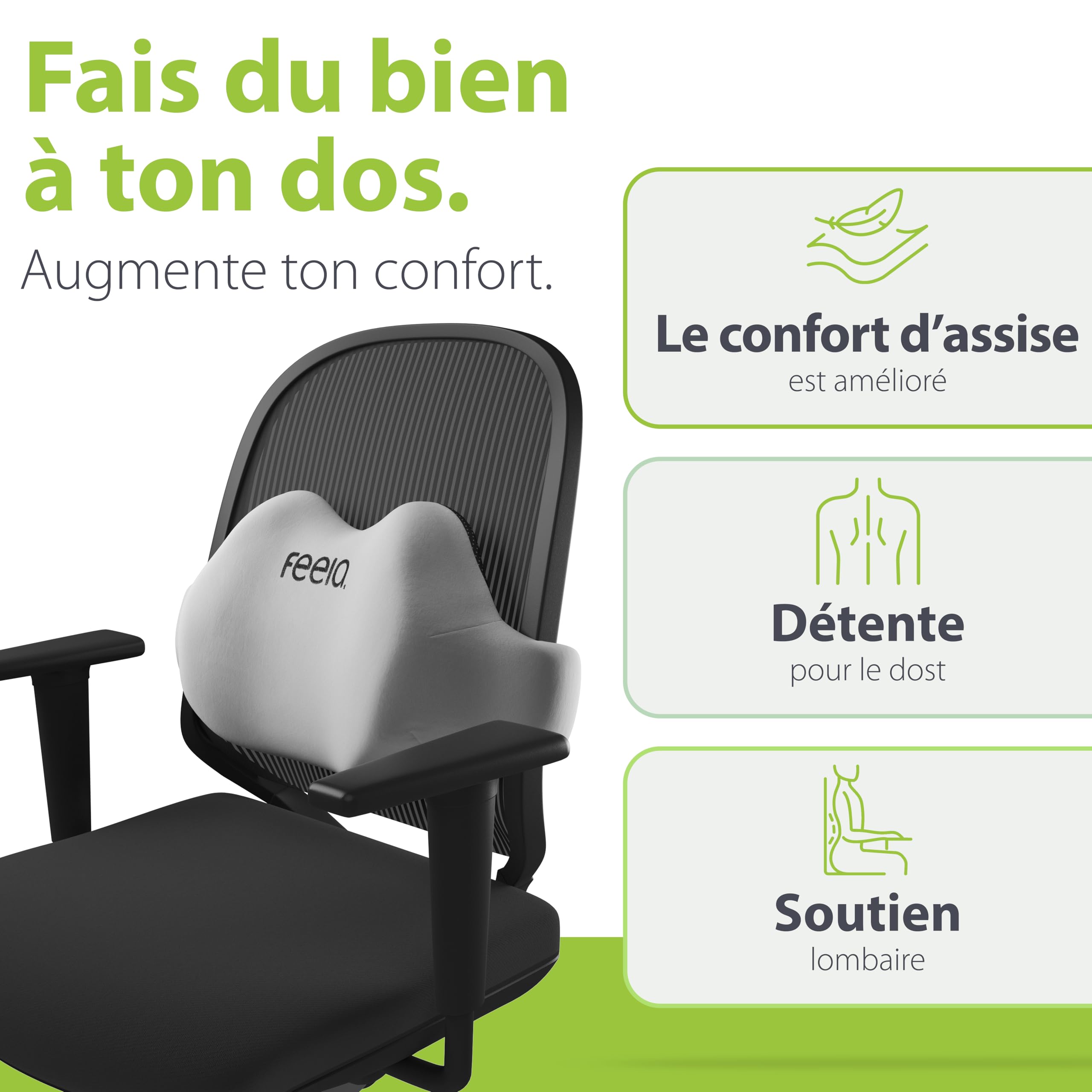 feela.® Coussin de Dossier Ergonomique pour Chaise de Bureau | Coussin Lombaire comme Coussin de Chaise pour la Maison, Le Bureau ou Le Dos dans Le Bureau (Argenté)