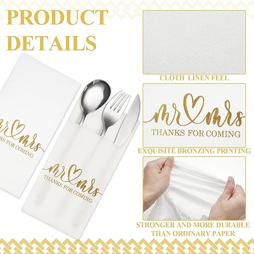 Miniatura 3 de Panelee 100 servilletas de boda con bolsillo integrado para cubiertos de Mr and Mrs personalizadas, sensación de lino, suministros de cena