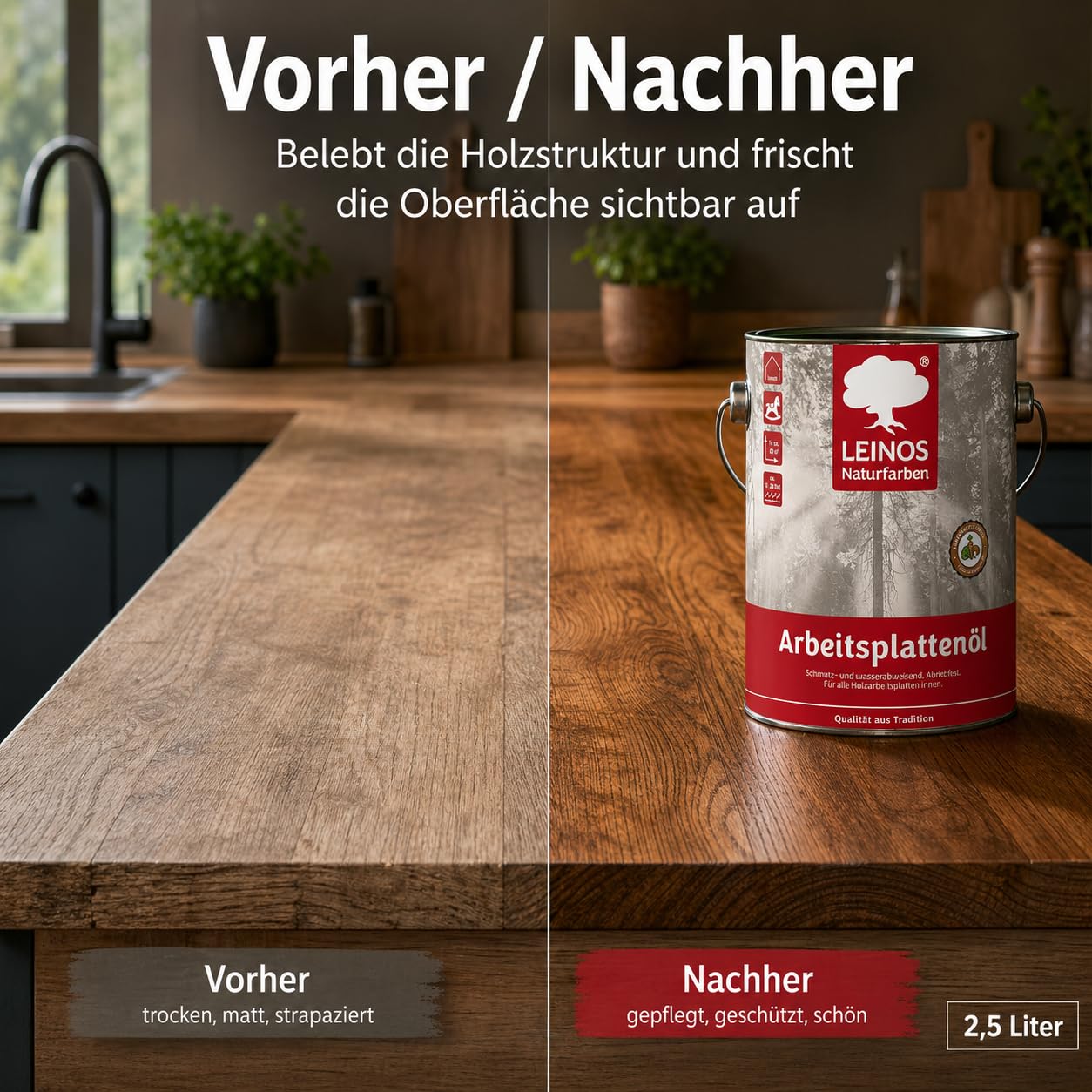 LEINOS 280 Arbeitsplattenöl 2,5 l Dose – lebensmittelecht, Öl für Küche | Imprägniert & schützt Holz nachhaltig gegen Schmutz & Feuchtigkeit – fleckenbeständig gegen Kaffee, Rotwein & Fruchtsäfte