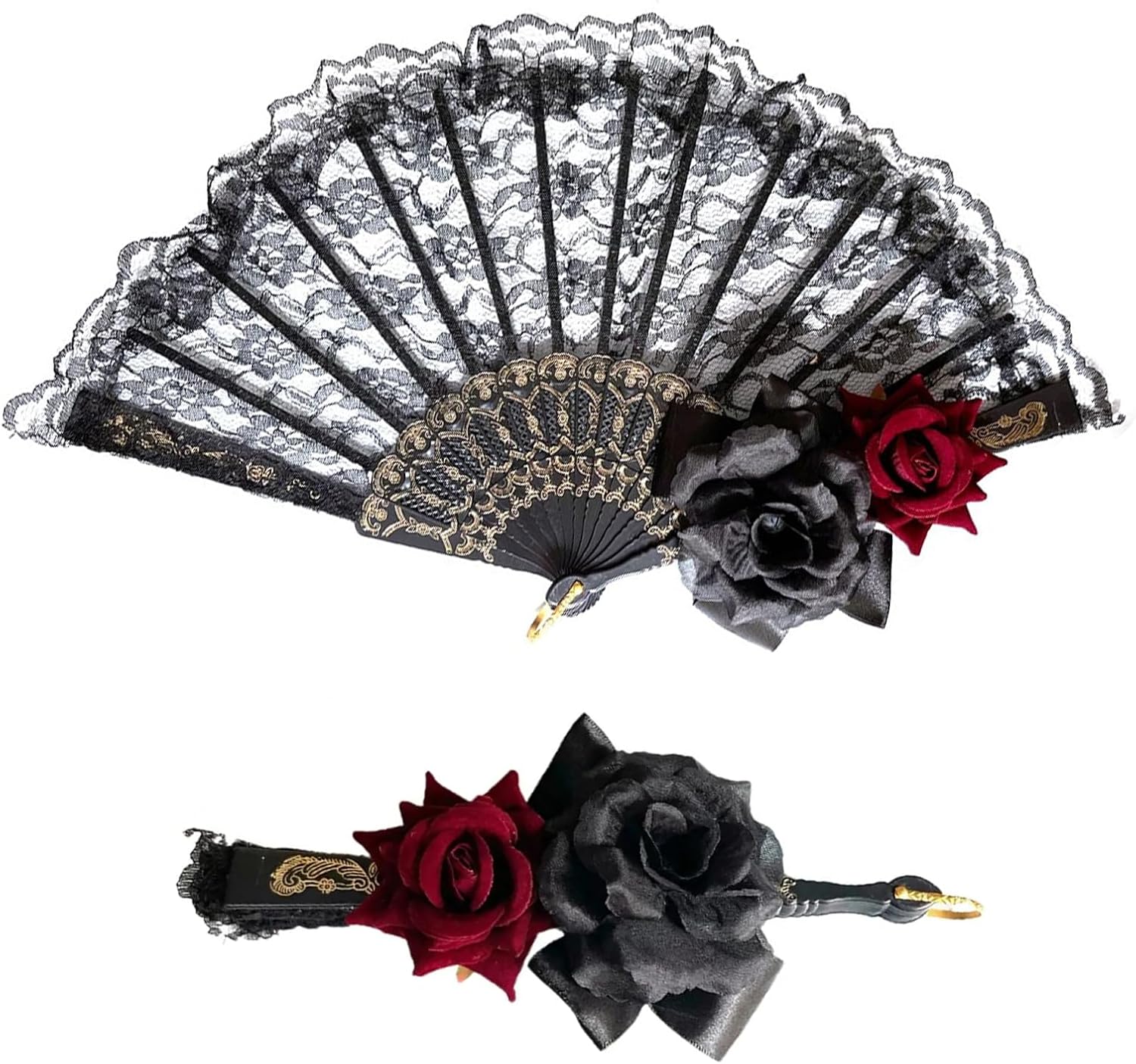 Halloween Black Hand Fan Lace Rose Handheld Vintage Flower Large Folding Fan Women Elegant Party Photo Props Wedding Bridal Decoration