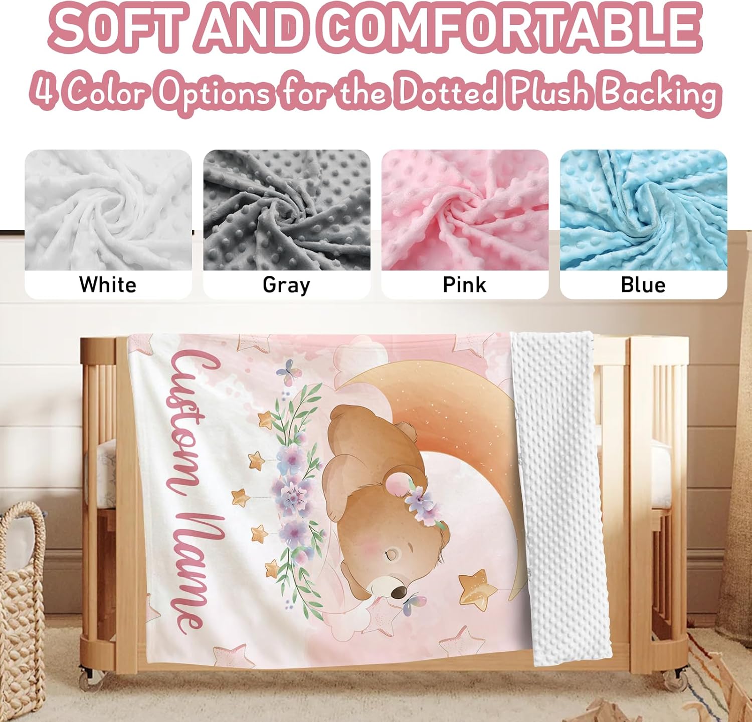 Personalized Baby Crib Bedding Set, 5 Piece Custom Name Baby Crib Bedding with Blanket, Fitted Sheet, Rug, Changing Pad Cover, Wall Art for Infant Toddler Boys Girls, Gift, Moon Bear Theme