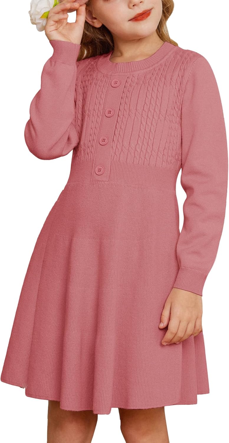 GRACE KARIN Girl Dress Long Sleeve Sweater Ruffle Button Front Knit Casual Fall Winter Dresses for Girls 5-12