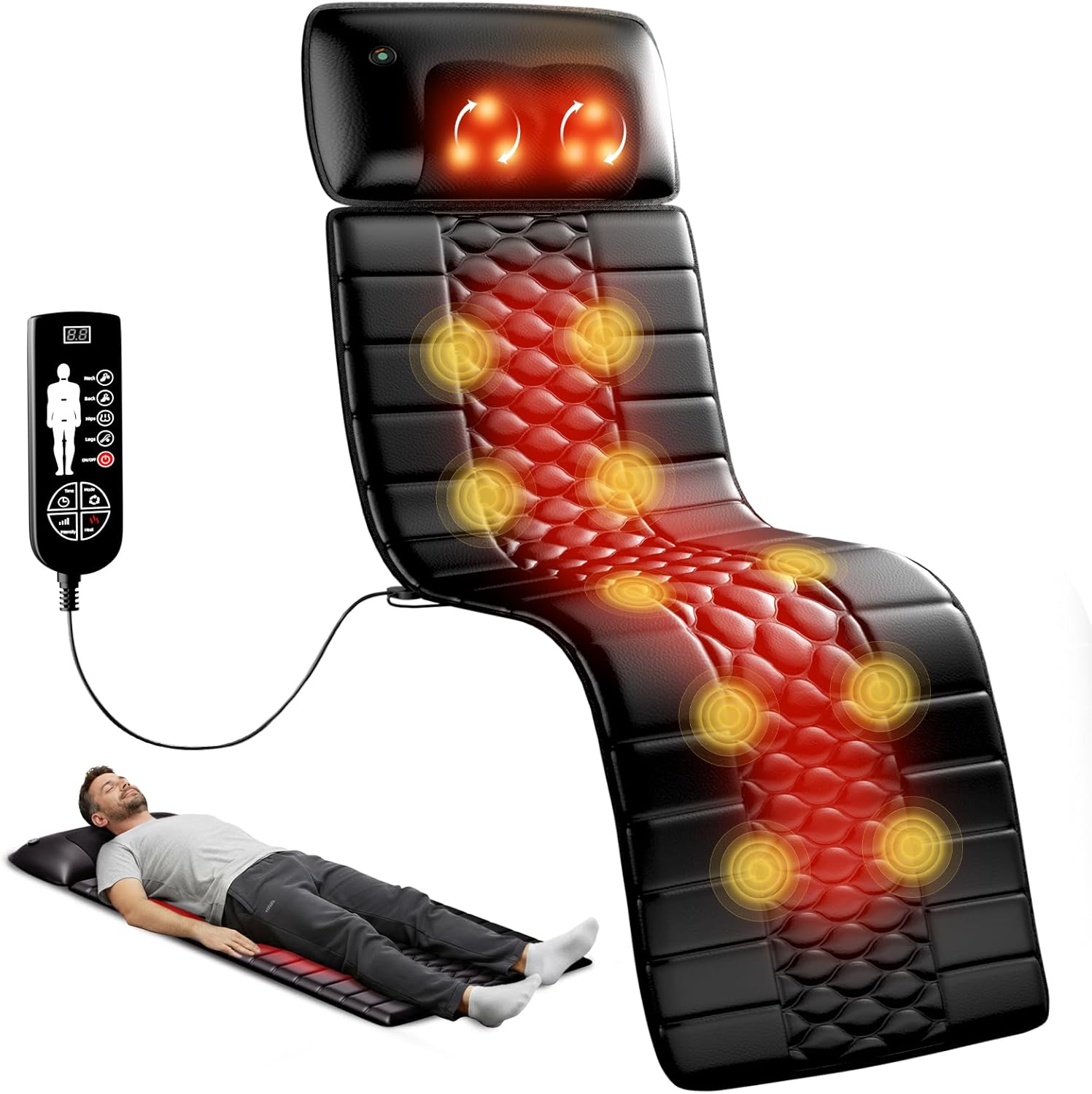 Shiatsu Full Body Massage Mat with Heat, Detachable Massager Pad, 10 Vibrating Motors, 9 Intensity Levels, Deep Tissue Pain Relief for Back, Neck & Legs – Relaxation at Home or Office Standard