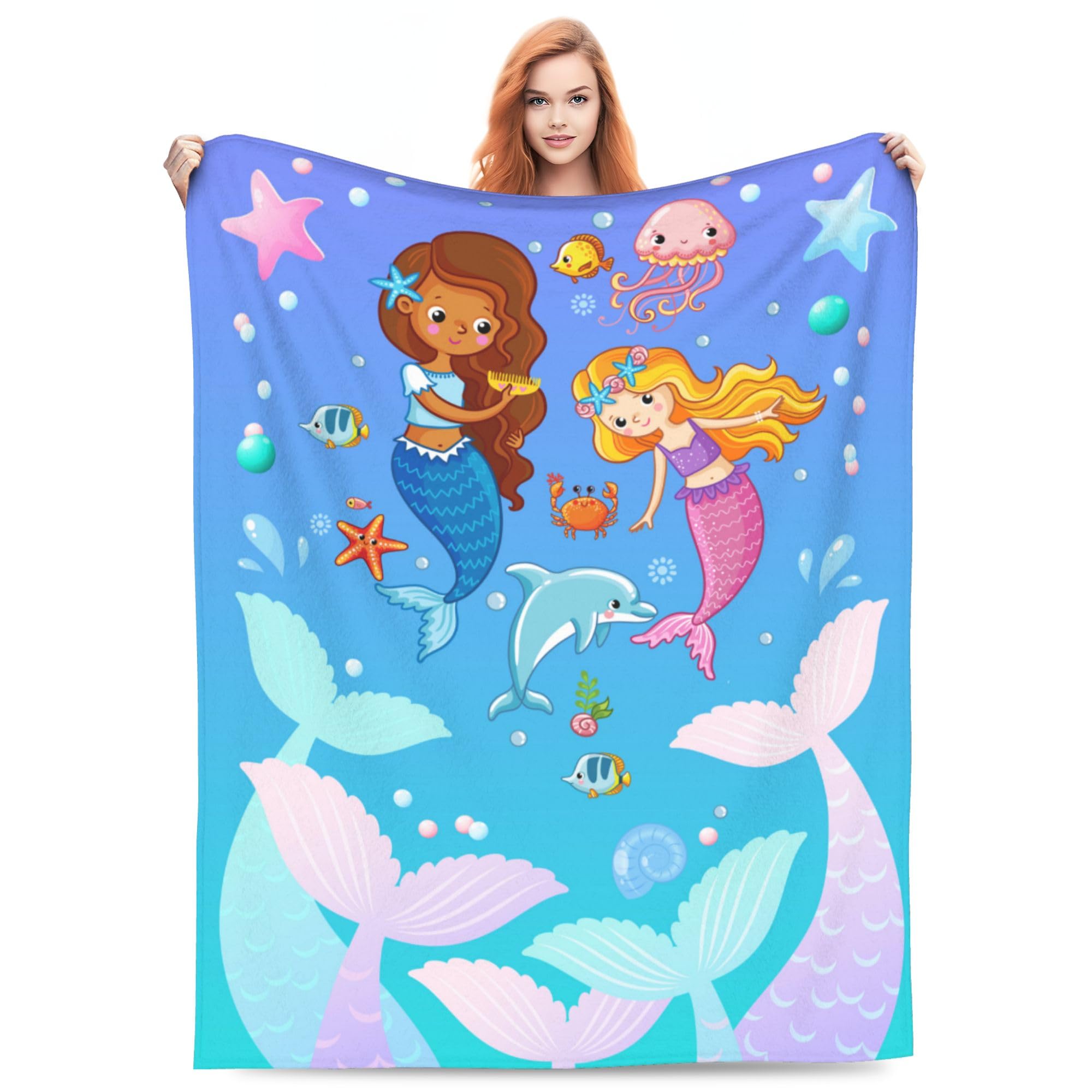Meerjungfrauen-Decke, Geschenke für Kinder, Mädchen, niedlicher Cartoon-Seeschwanz, Überwurf, Decken, weich, warm, leicht, gemütlich, Fisch-Tierüberwürfe für Bett, Wohnzimmer, Sofa, Couch,