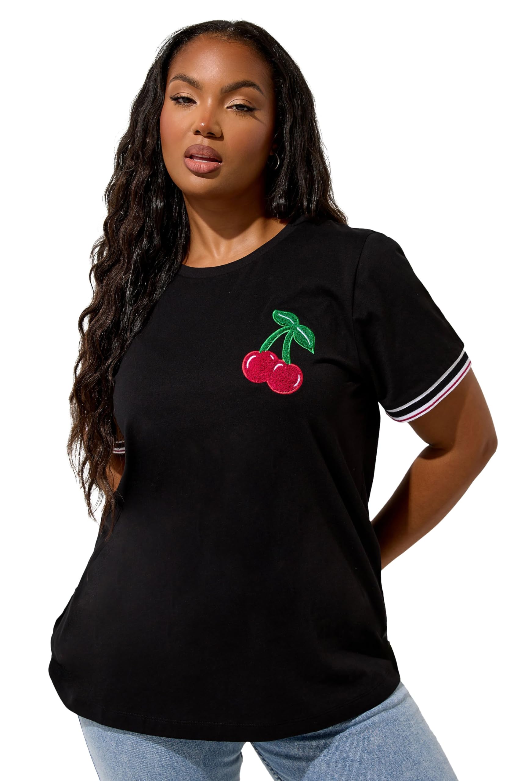 Yours Women's Black Curve Cherry Varsity Trim T-Shirt - Plus Size Curve