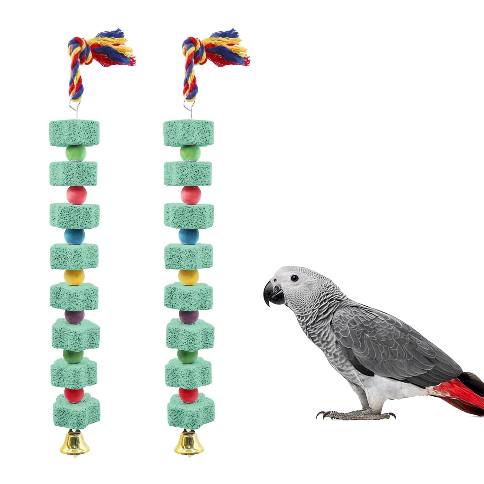 Supkeyer 2 Pack Large Bird Chewing Toy, Parrot Beak Grinding Calcium Stone with Bells, Bird Cage Accessories, Cage Toys for African Grey Parakeet Cockatiel Conure Hamster Chinchilla Rabbit (Green)
