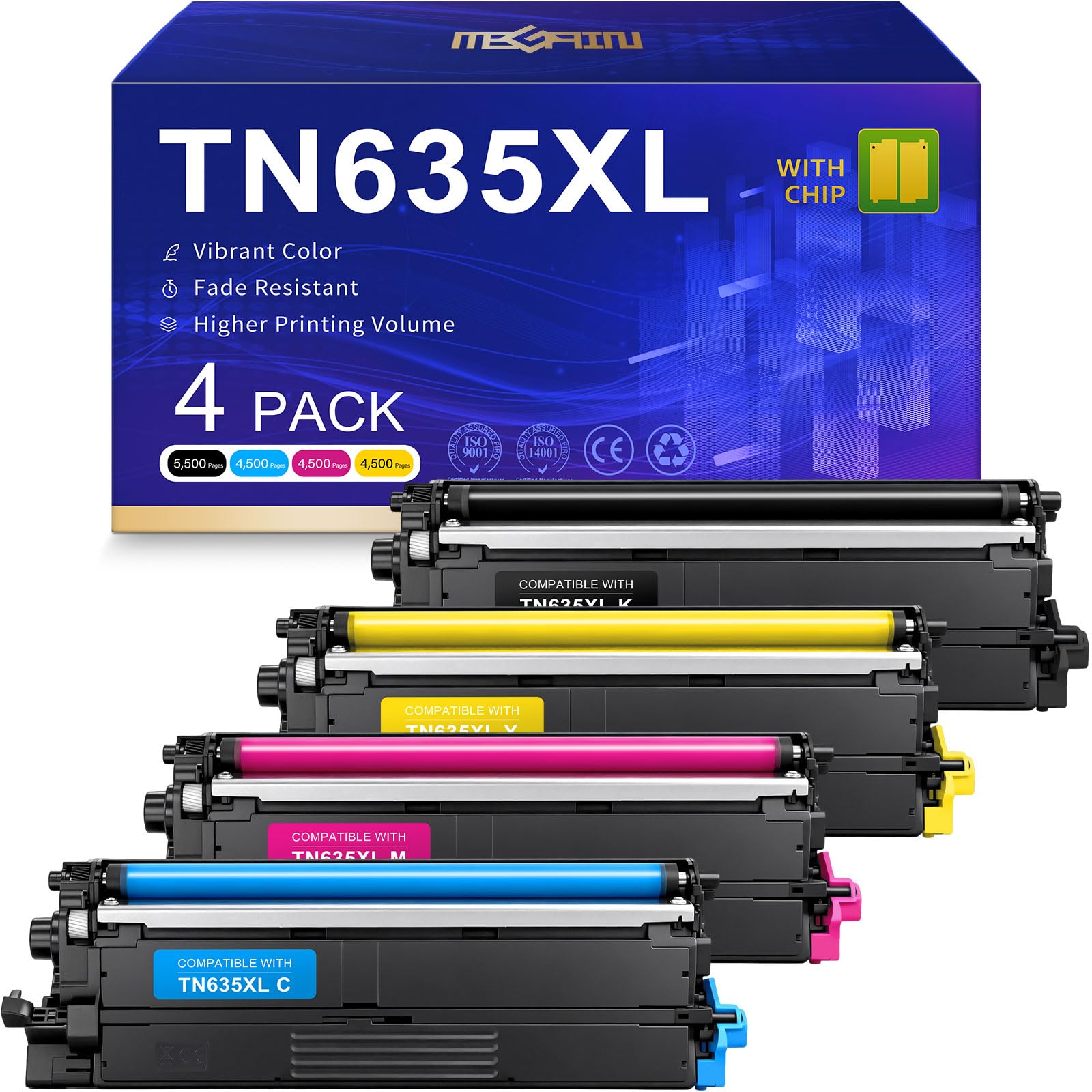 MEGAIN TN635XL TN 635XL TN-635XL TN635 Zamiennik kasety z tonerem do drukarki MFC-L8930CDW HL-L8430CDW MFC-L8730CDW MFC-L8970CDW HL-L8430CDWT MFC-EX575 HL-L8570CDW (z chipem, 4 sztuki)