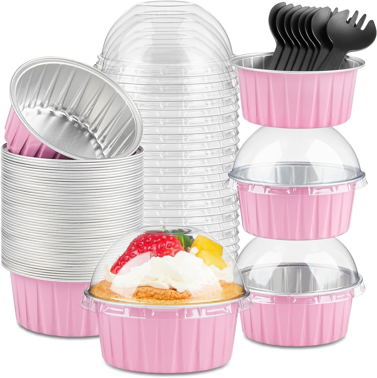 KAHEIGN 50 Piezas Mini Moldes Para Pan Con Tapas Y Cucharas, 150ml Redondas Aluminio Papel Contenedores para Hornear Pasteles con Pegatina de Sellado para Boda Cumpleaños Picnic Fiesta (Rosa Plata)