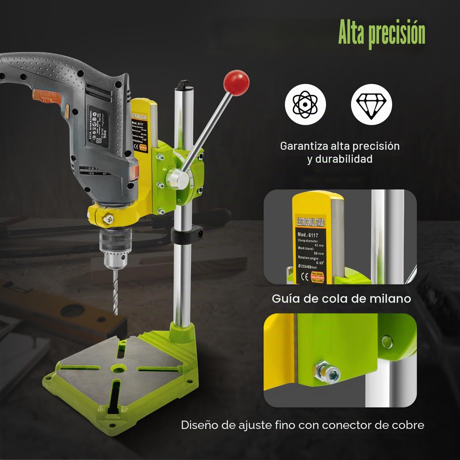 SHZICMY Soporte de perforación para taladro, taladro estándar, altura ajustable, abrazadera giratoria de 90 grados, columna portabrocas, no incluido, tornillo