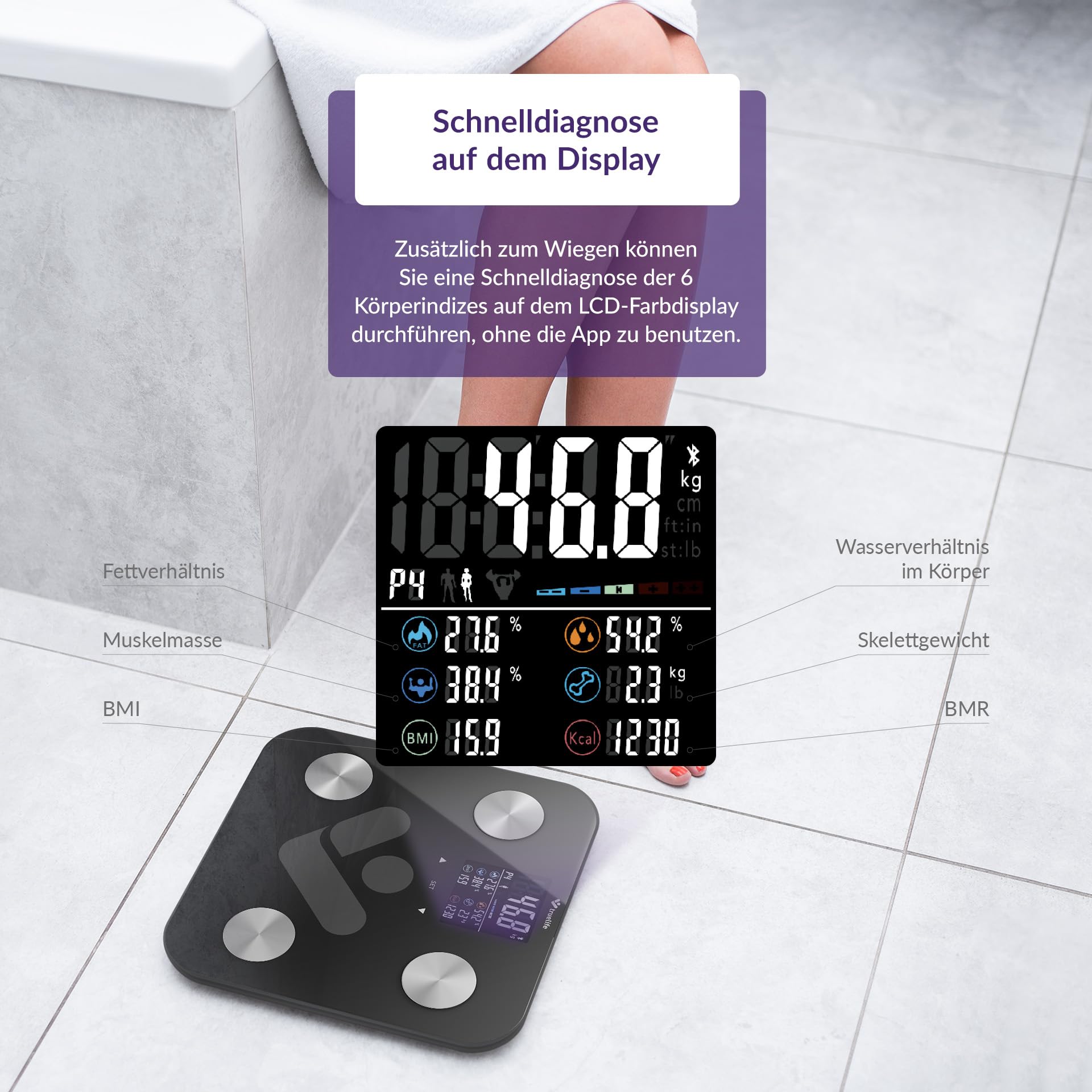 TrueLife FitScale W6 BT Bilancia diagnostica personale Bluetooth, misurazione con analisi dell'impedenza bioelettrica, 19 indici del corpo misurabili, display LCD colorato, fino a 8 utenti, app mobile