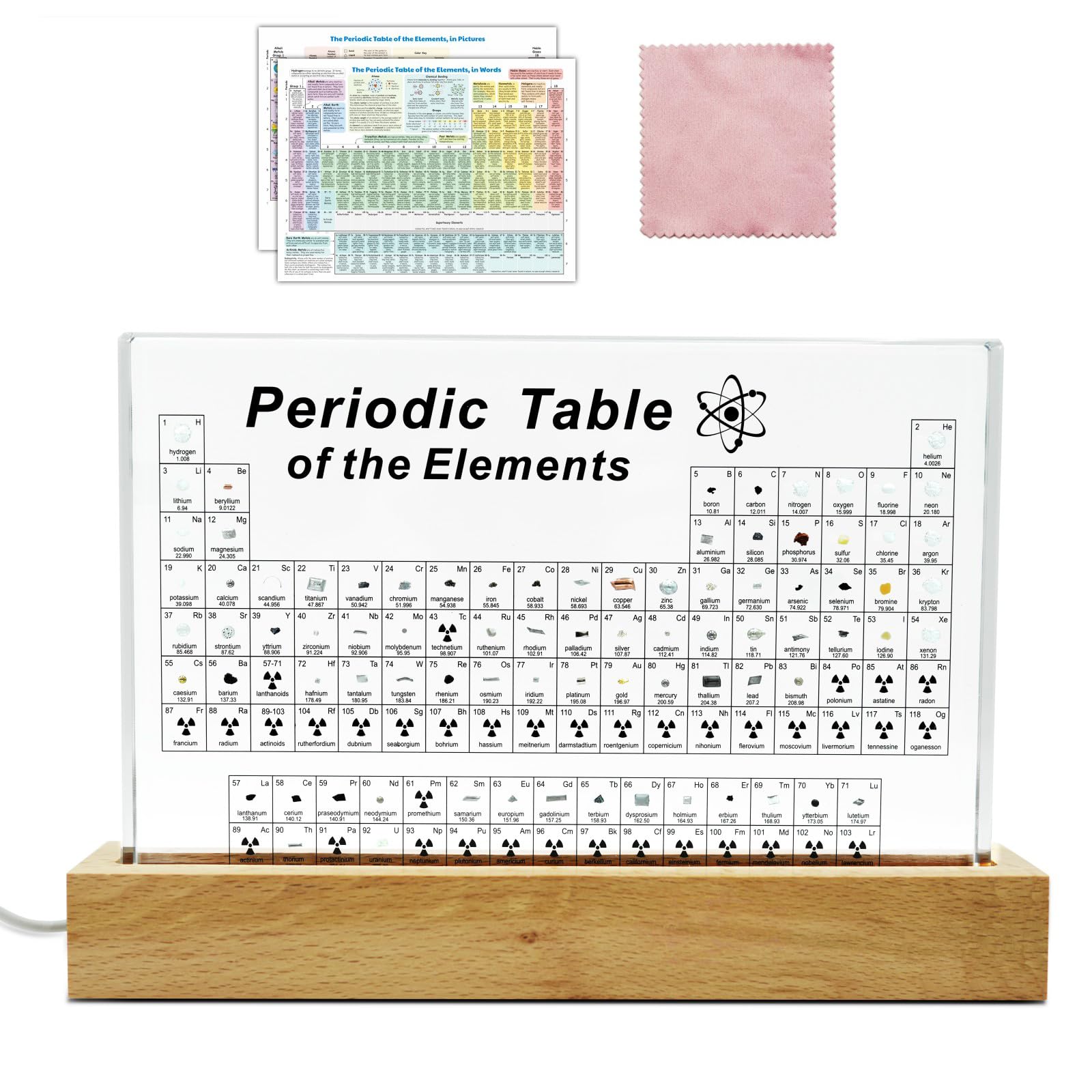 Zythtic Tavola periodica con elementi reali all'interno, tavola periodica in acrilico con 83 elementi reali, luce LED calda, supporto in legno, lente d'ingrandimento e poster da tavola periodica per