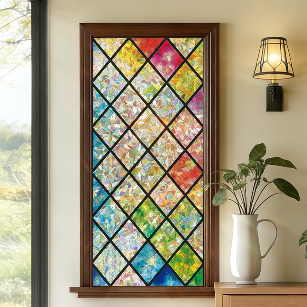 PRESSINART Rainbow Window Film 17.5 x 39.4 Inch, Stain Glass Static Cling Colorful Decorative Removable Static UV Heat Blocking Rainbow Window Decals for Glass Doors Living Room Bedroom Home Decor