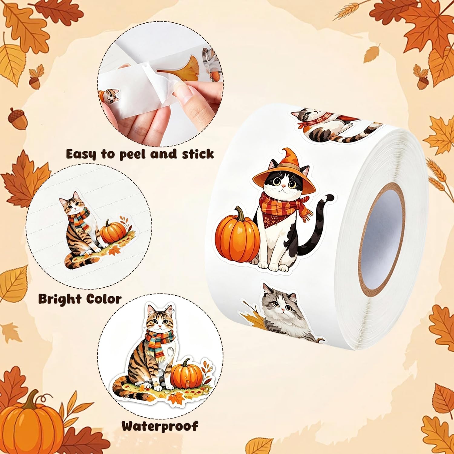 Autumn Pumpkin Stickers Cute Cat Decals Stickers 2 Roll with Various Leaves Patterns Design Decorative Sticker for Holiday Party Craft Gifts Journal Seal Envelope Cards Decor 500 Pcs