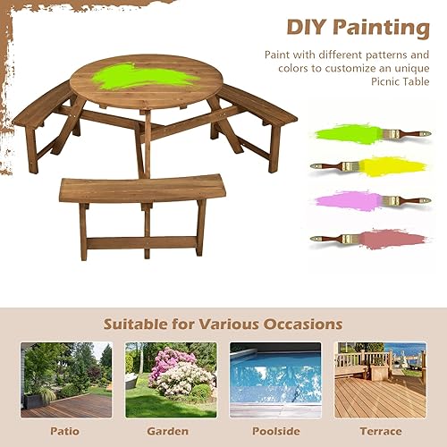 Miniatura 9 de Tangkula Mesa de picnic de madera para 6 personas, mesa redonda de picnic al aire libre con 3 bancos integrados, agujero para paraguas de 1.5