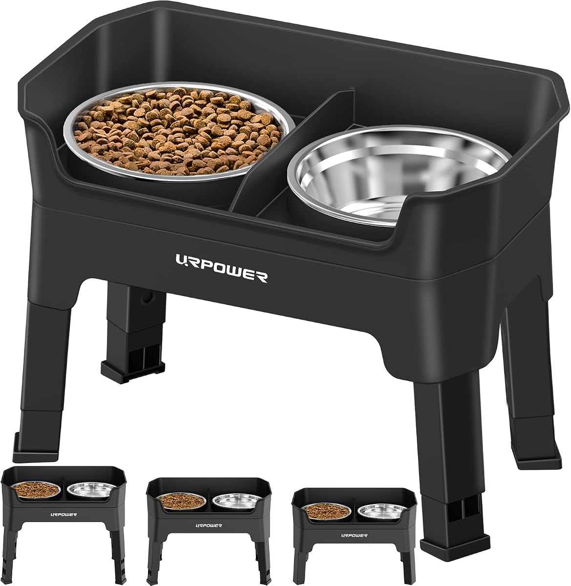 URPOWER Cuencos elevados para perros, soporte para cuencos elevados para perros 3 en 1 de doble cubierta | Soporte elevado de 4 alturas ajustables con 2 tazones de comida de acero inoxidable y plato para lamer para perros pequeños, medianos y grandes