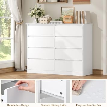 FOREHILL Chest of Drawers Bedroom with 8 Drawers White Storage Cabinet | 120cm Large Chest of Drawers, Sideboard for Living Room, Dresser, Hallway Bedroom Furniture, Wooden 120 x 39.5 x 96cm