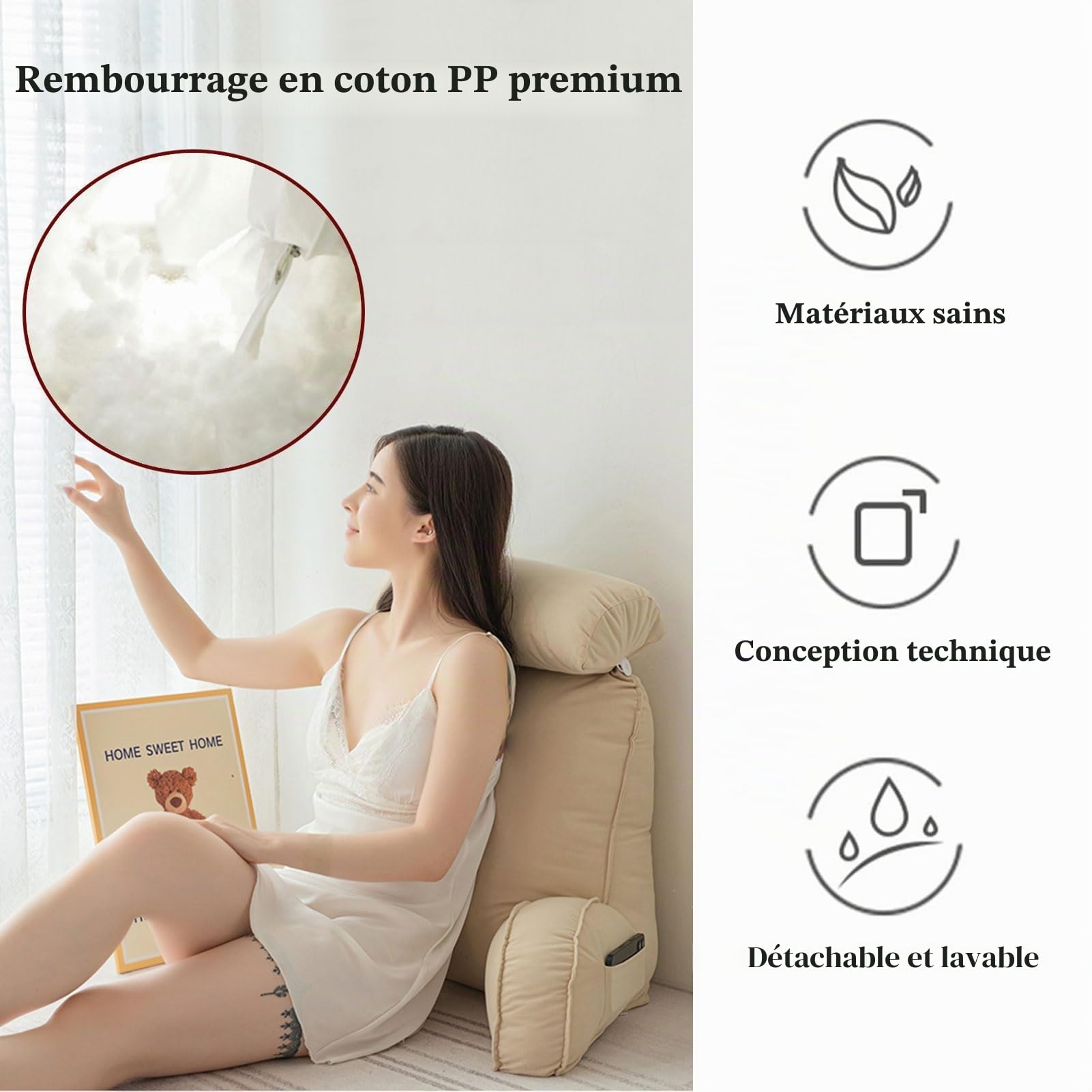 Coussin de Lecture avec Accoudoirs,Oreiller Cervical Dossier de Soutien Lombaire,Dossier de canapé,Housse Lavable,Détendez-Vous ou travaillez confortablement ﻿ (Gris Clair)