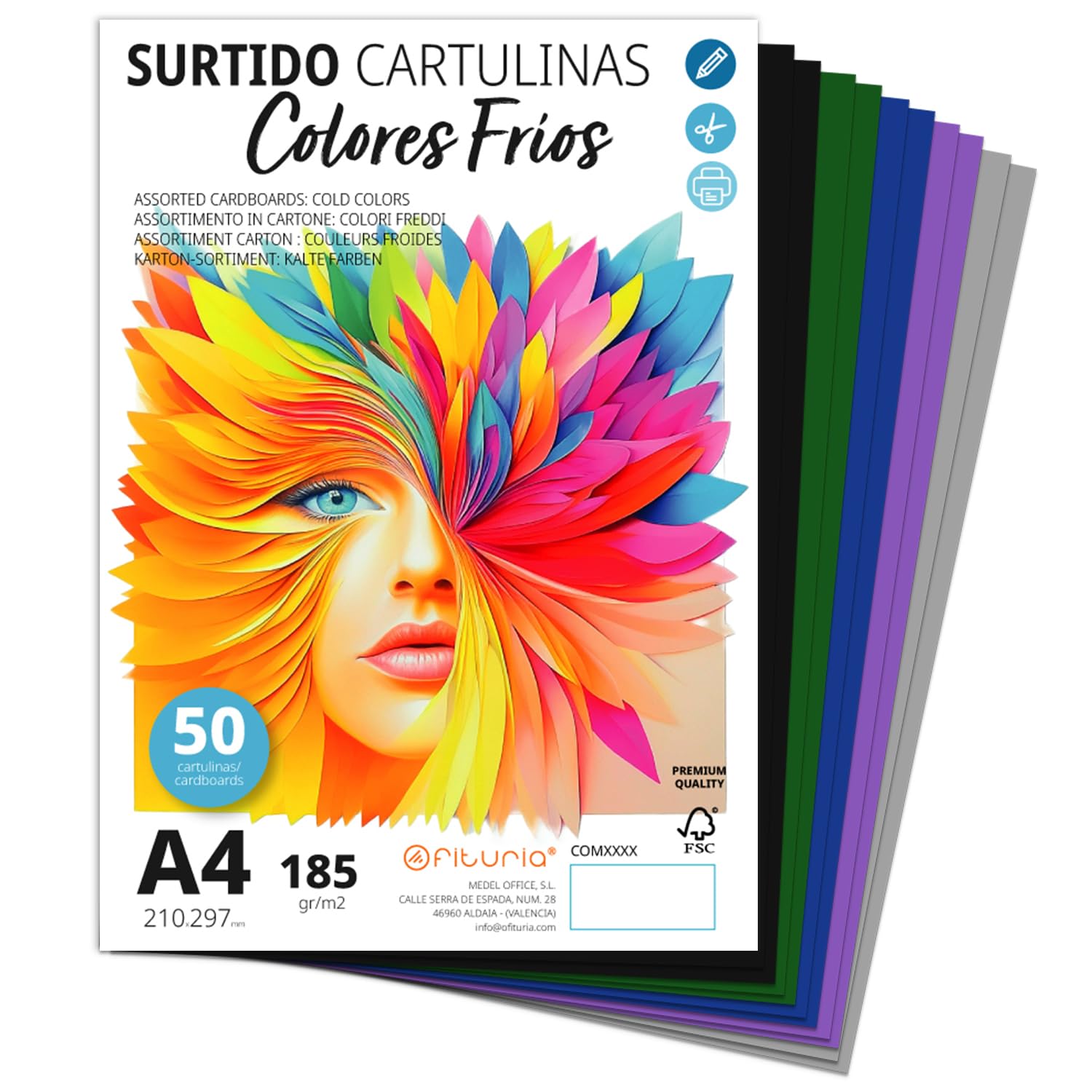 Ofituria A4 Coloured Card – 50 Cardstocks, Cold Assorted – 185 g/m2 for Crafts, Education, Home, Art or Business