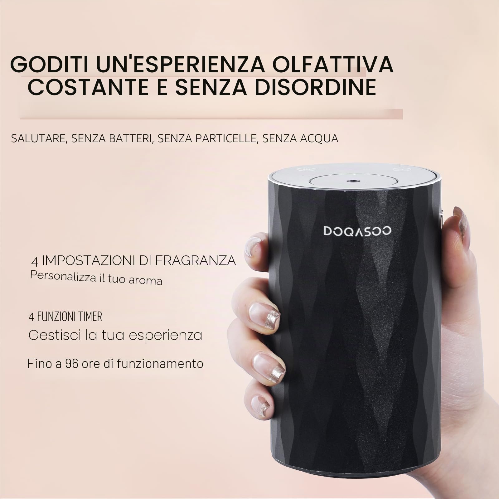 Diffusore di aromi senza acqua, senza fili, struttura in alluminio, batteria 96H e 25dB silenzioso, diffusore per oli essenziali con timer e 4 livelli, ideale per auto, ufficio e camera da