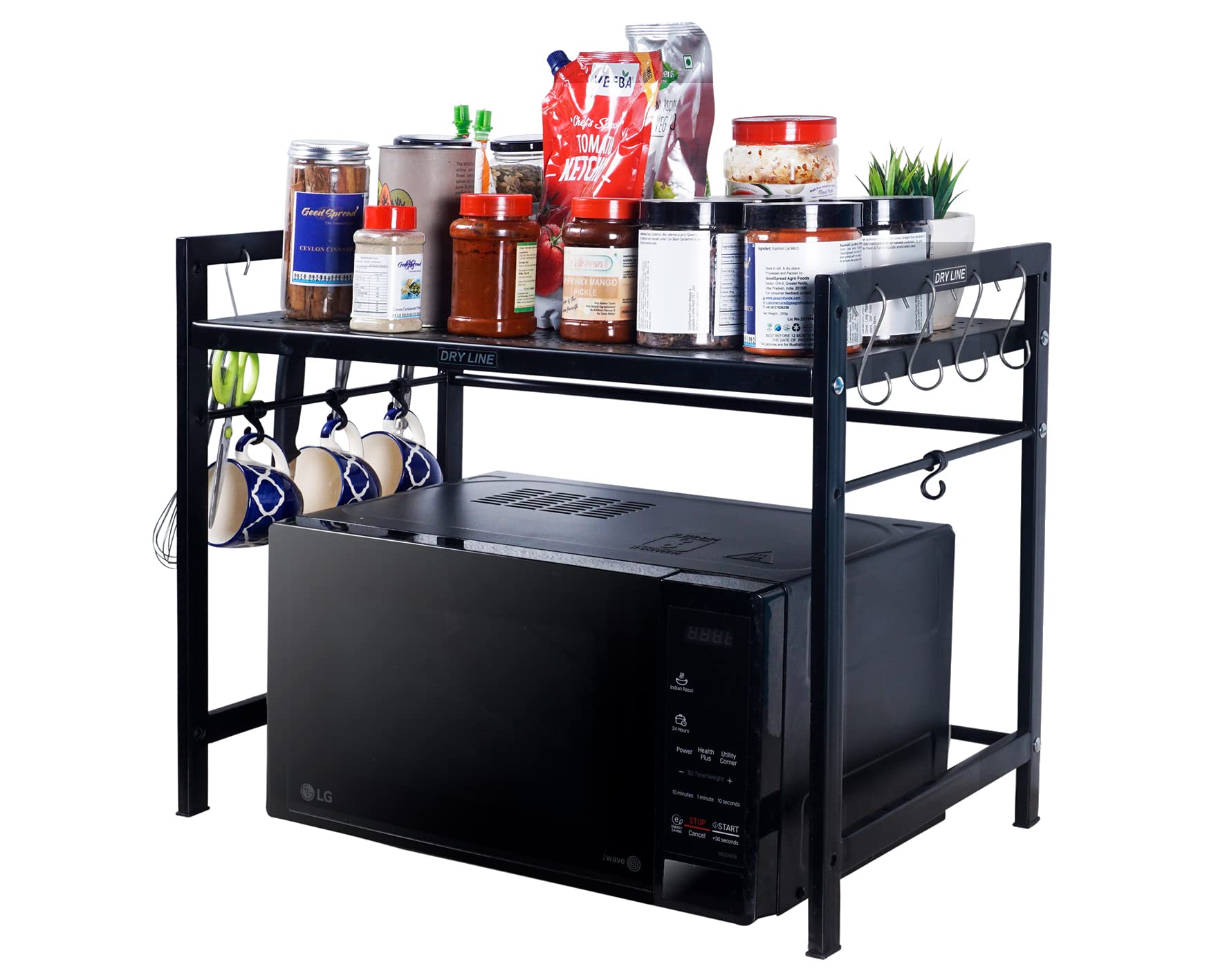 DRY LINE Microwave Oven Stand Adjustable Countertop Metal Shelf Otg Rack With Hooks Kitchen Organizer Made In India, Perforated Heavy Steel And Metal Shelves