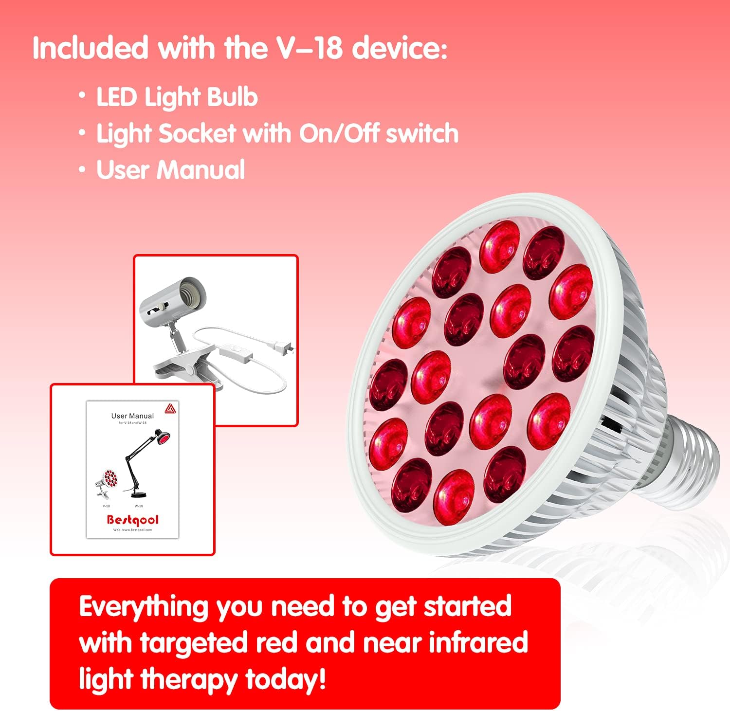 Bestqool Red Light Therapy Device with Socket -18 LEDs Infrared Light Therapy Red Near Infrared 660nm 850nm for Pain Relief Anti-Aging