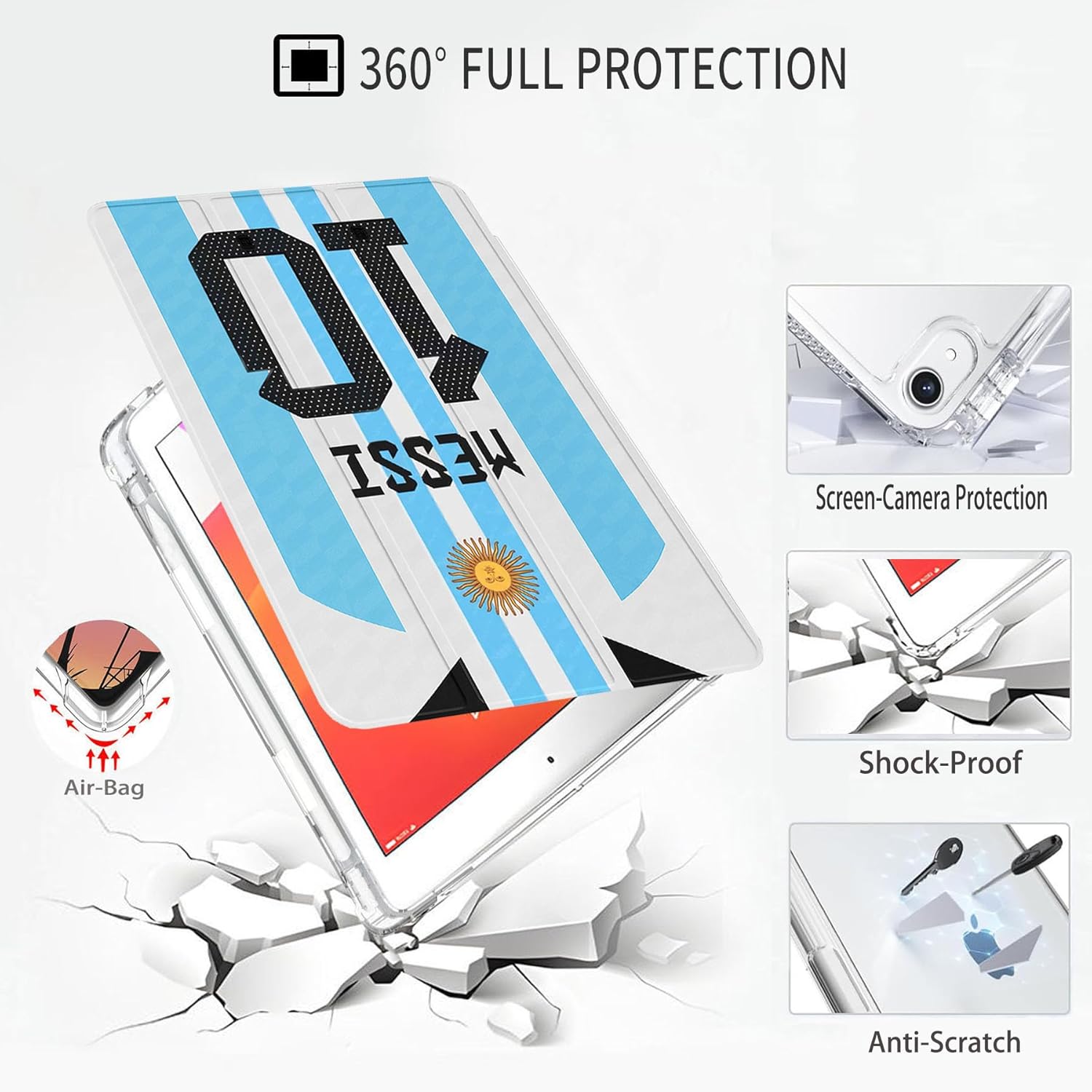 ZERMU for iPad 9th/ 8th/ 7th Generation 10.2 Inch Case, Hard Crystal Clear Mess%i Back Case Argentina #10 Miam%i Soccer Shockproof Cover [Auto Sleep/Wake] with Pencil Holder, Multi-Angle Kick Stand