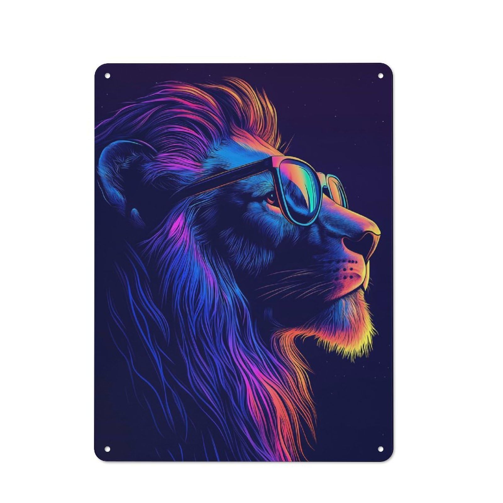 Neon Lion with Sunglasses Metal Wall Plaque 40x30cm, Understated Creative Space Decor for Home Office, Reading Corner Or Bedroom