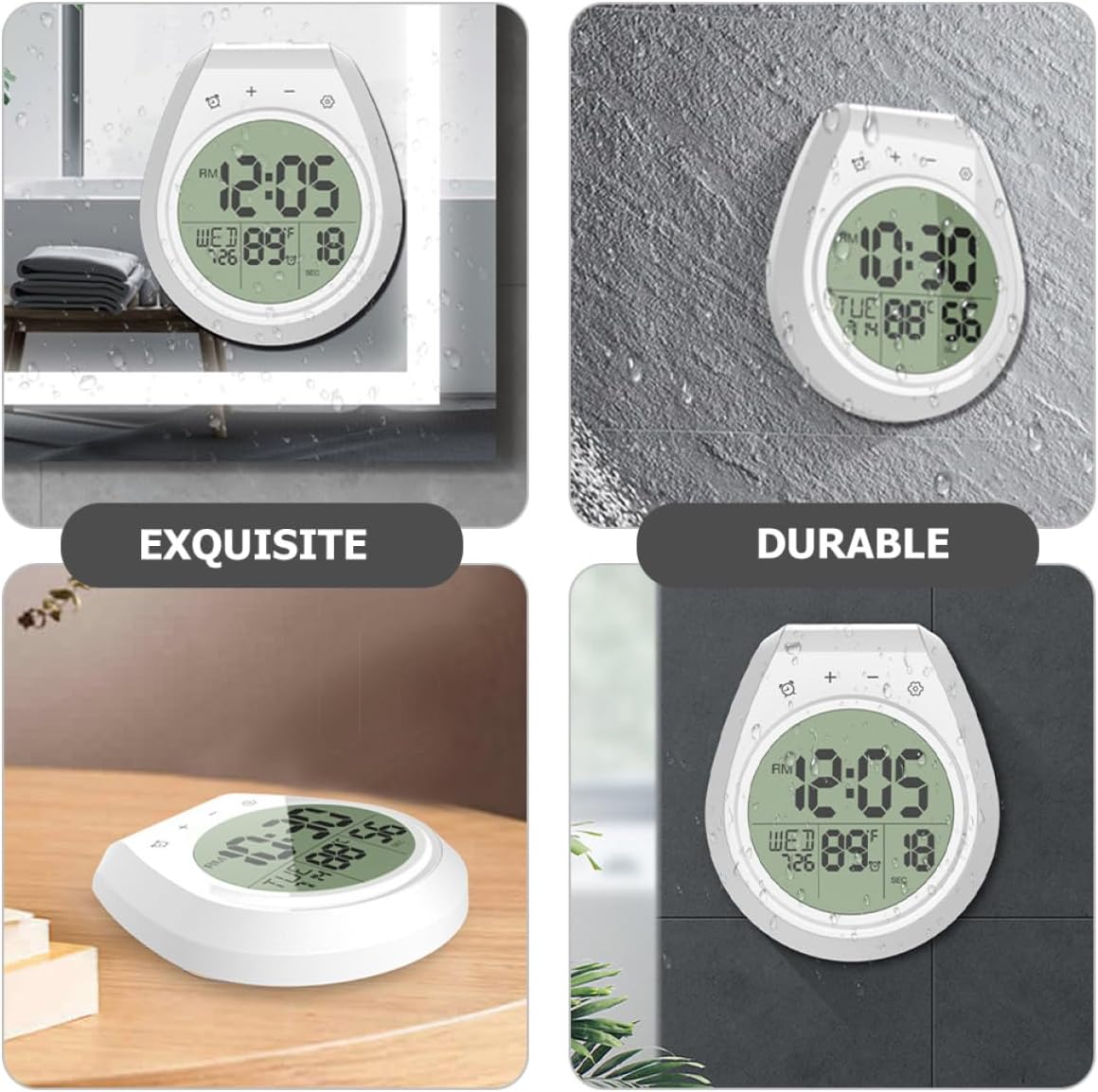 Waterproof Wall Clock with Suction Cup Bathroom Shower Timer Clock with Temperature Display for Home and Kitchen