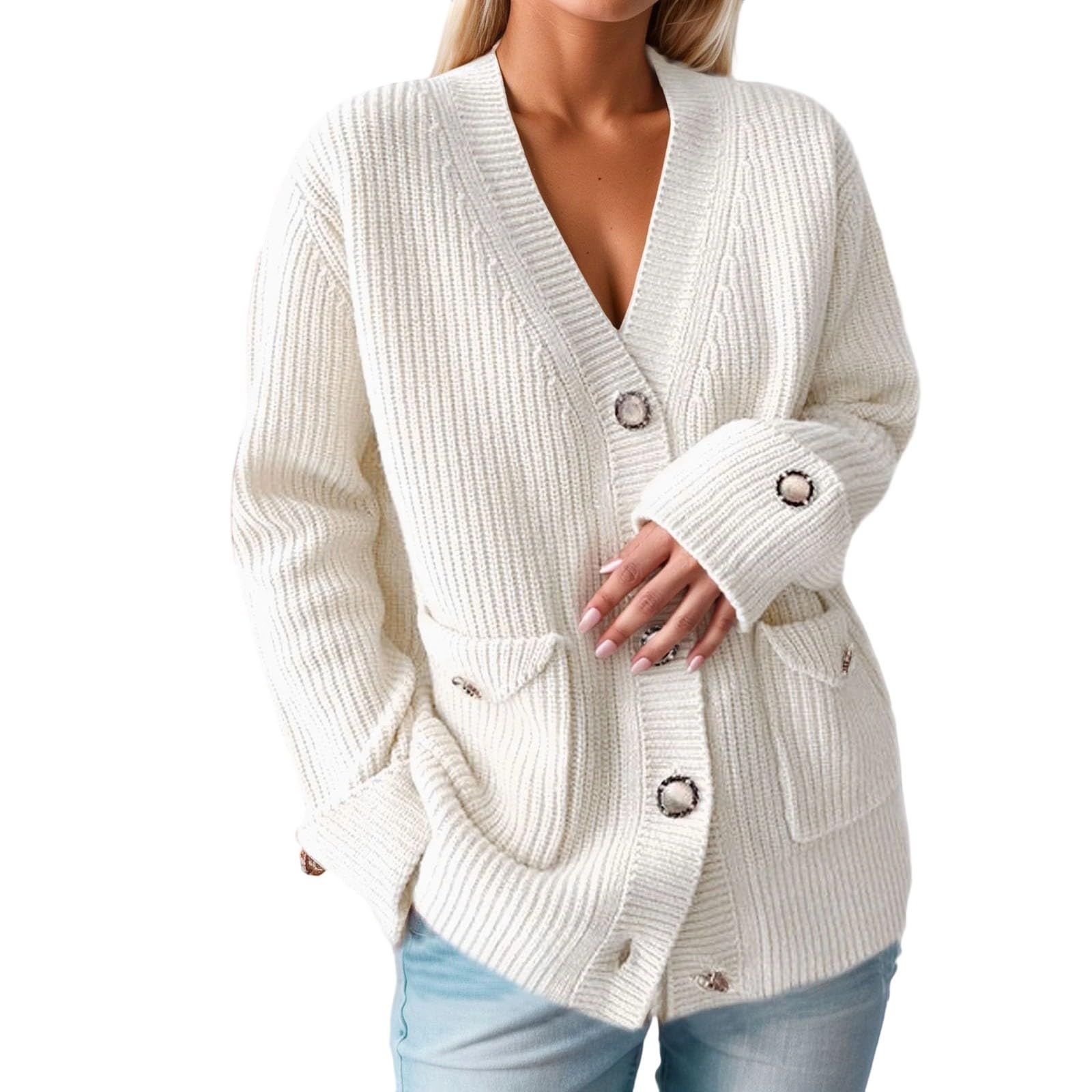 Fall Long Sleeve Cardigans for Women Trendy Casual Lightweight Button Down V Neck Loose Knit Sweater with Pockets