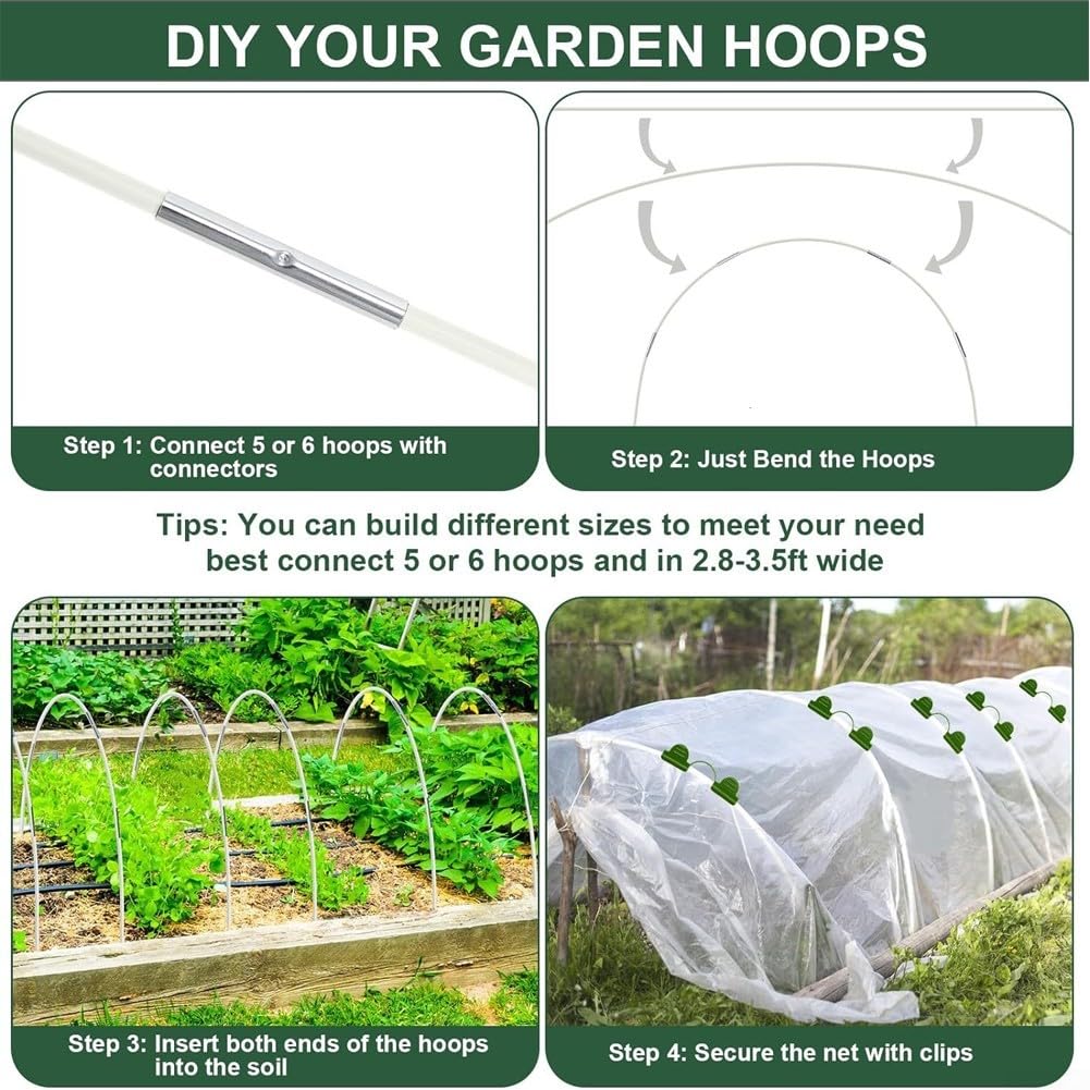 Cerchi da giardino in fibra di vetro per aiuole rialzate, set di connettori resistenti alle intemperie, parti in metallo e plastica, telaio per tunnel fai da te per serre (100 pezzi)